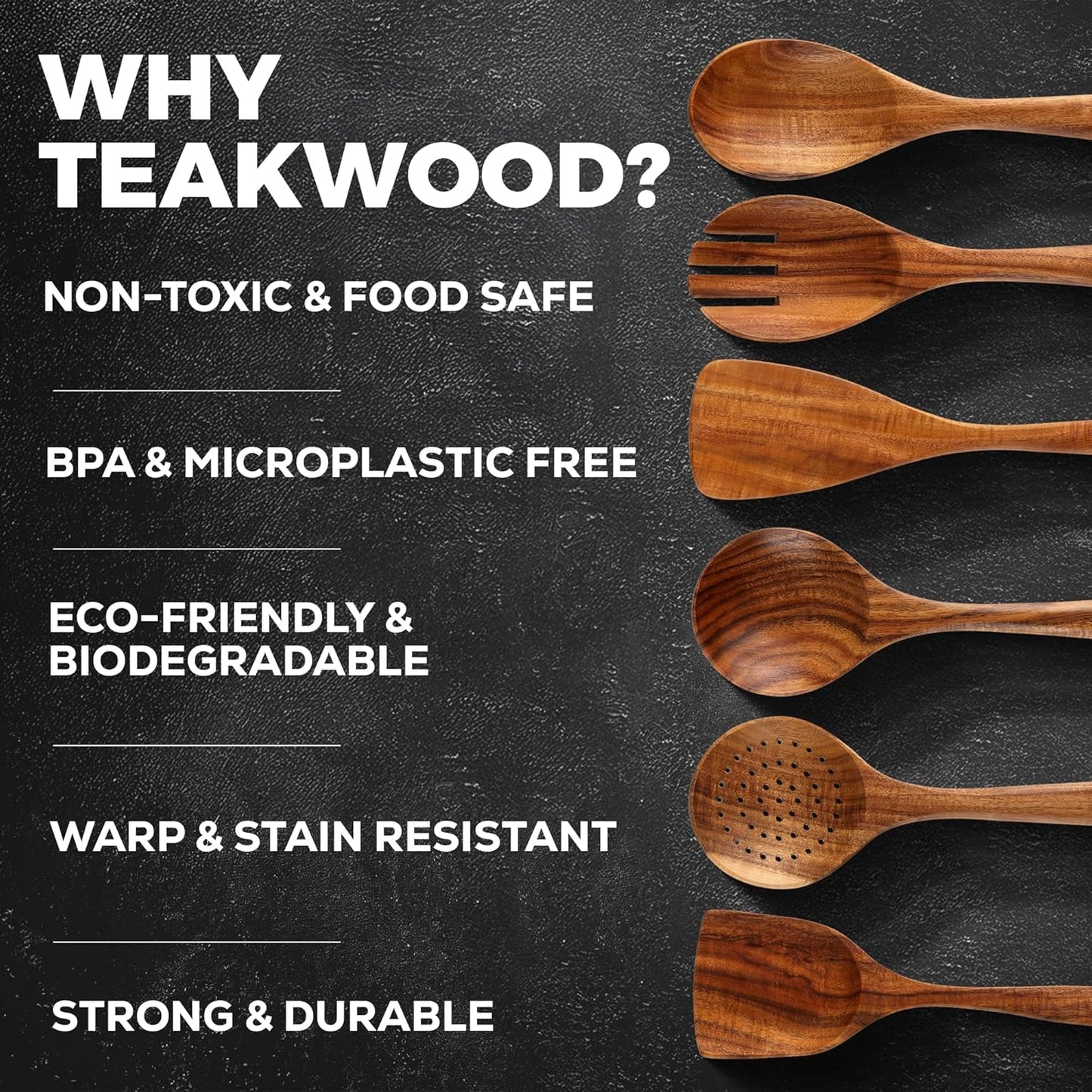 Zulay Kitchen Wooden Cooking Spoons Set - 6 Durable Teak Utensils, Easy to Clean, Comfort Grip