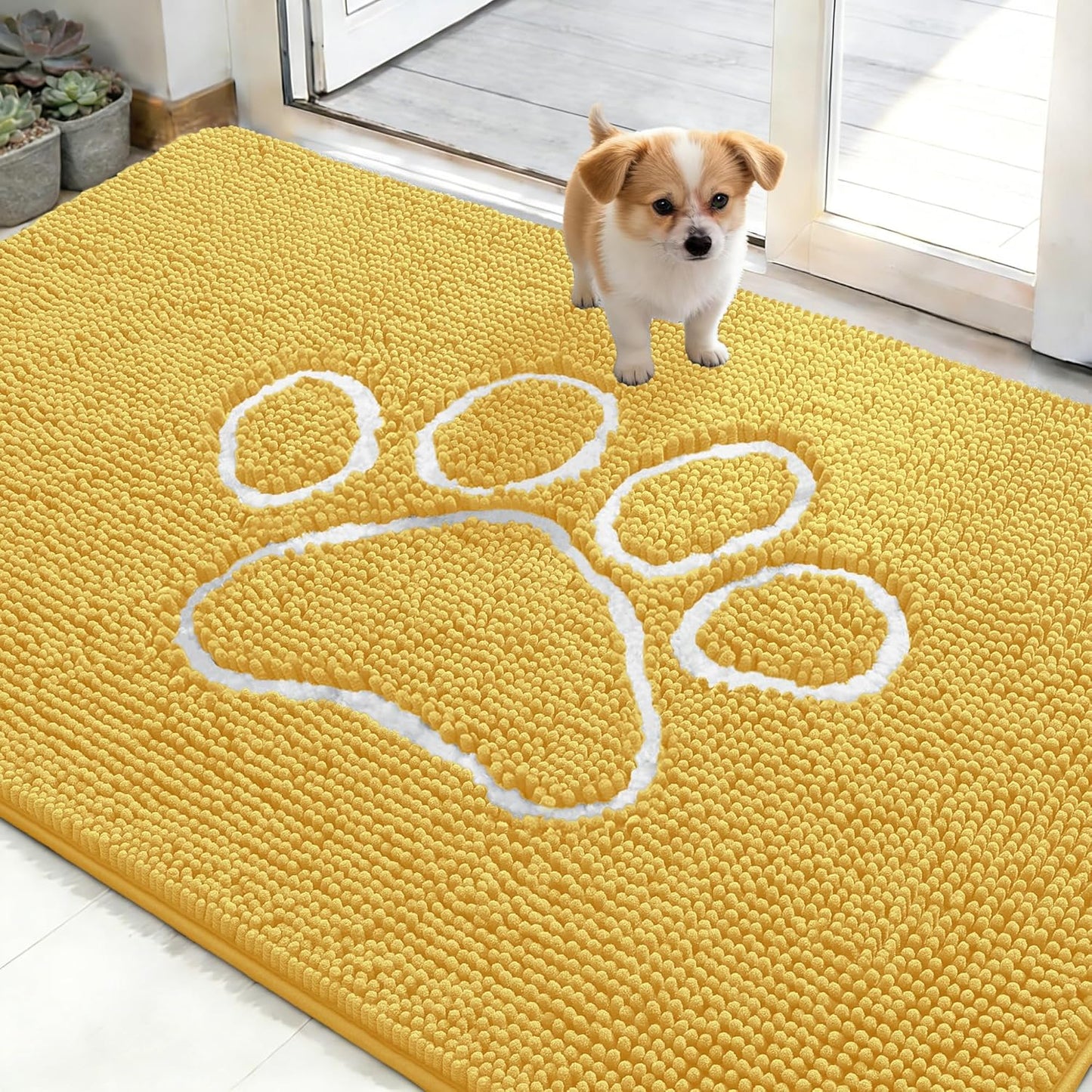 OLANLY Dog Door Mat - Absorbent Non-Slip Muddy Paws Mat | Quick Dry Chenille, 48x30, Yellow
