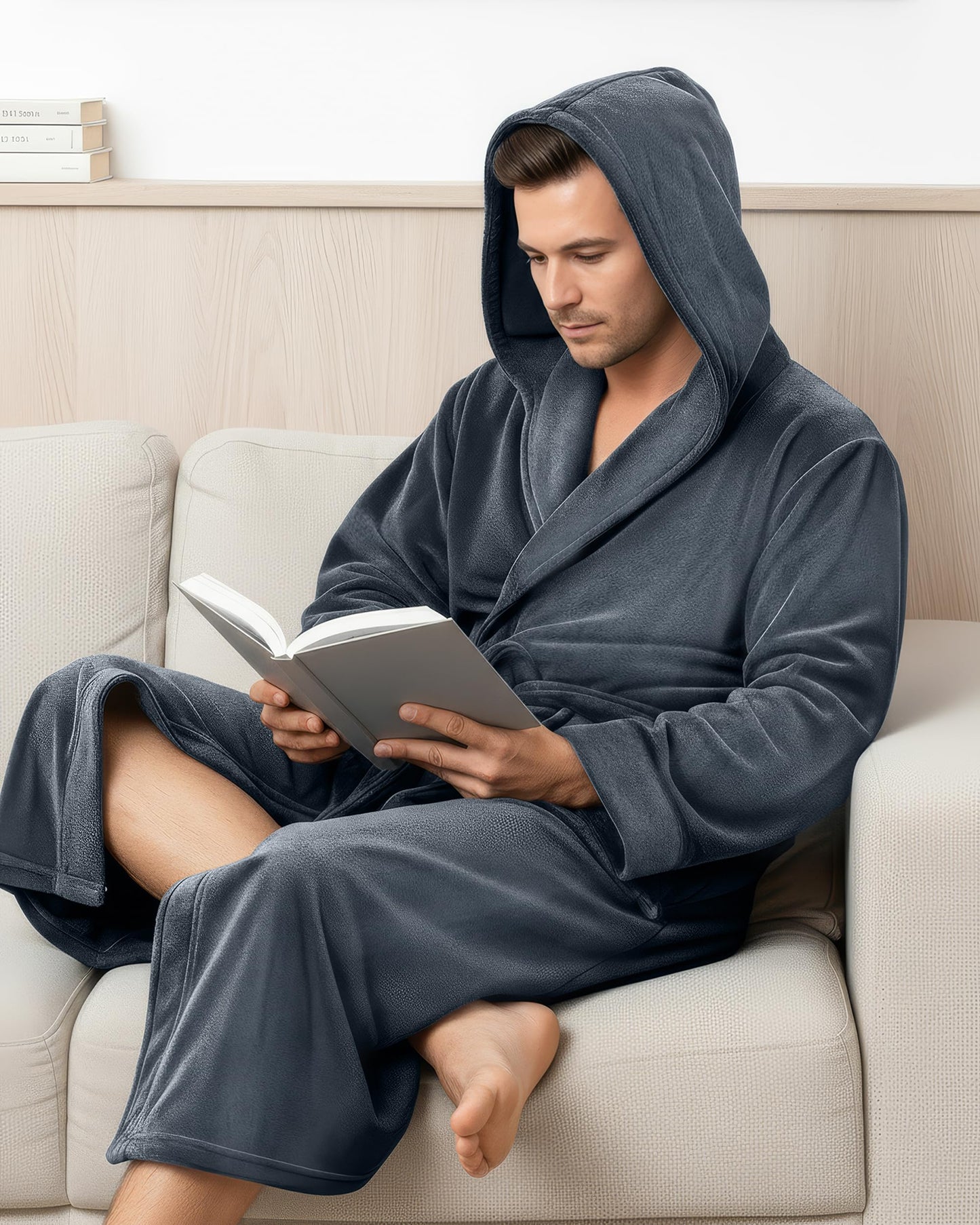 NY Threads Mens Robe with Hood, Luxury Plush Fleece Hooded Mens Bathrobe, Spa Bath Robe for Men, Small/Medium, Grey