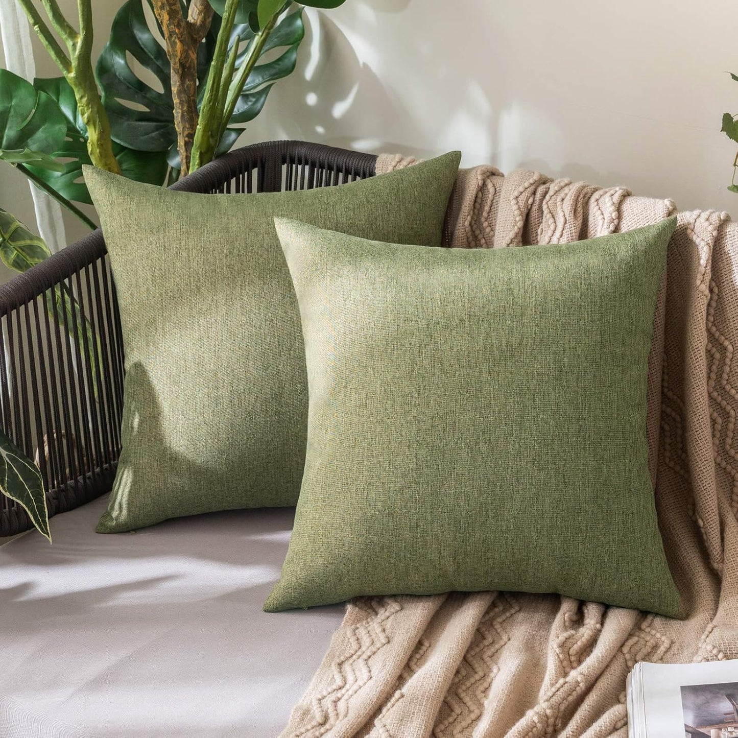 MIULEE Decorative Outdoor Throw Pillow Covers - Waterproof Faux Linen Cushion Cases | 20x20 Inch Dark Green (Pack of 2)