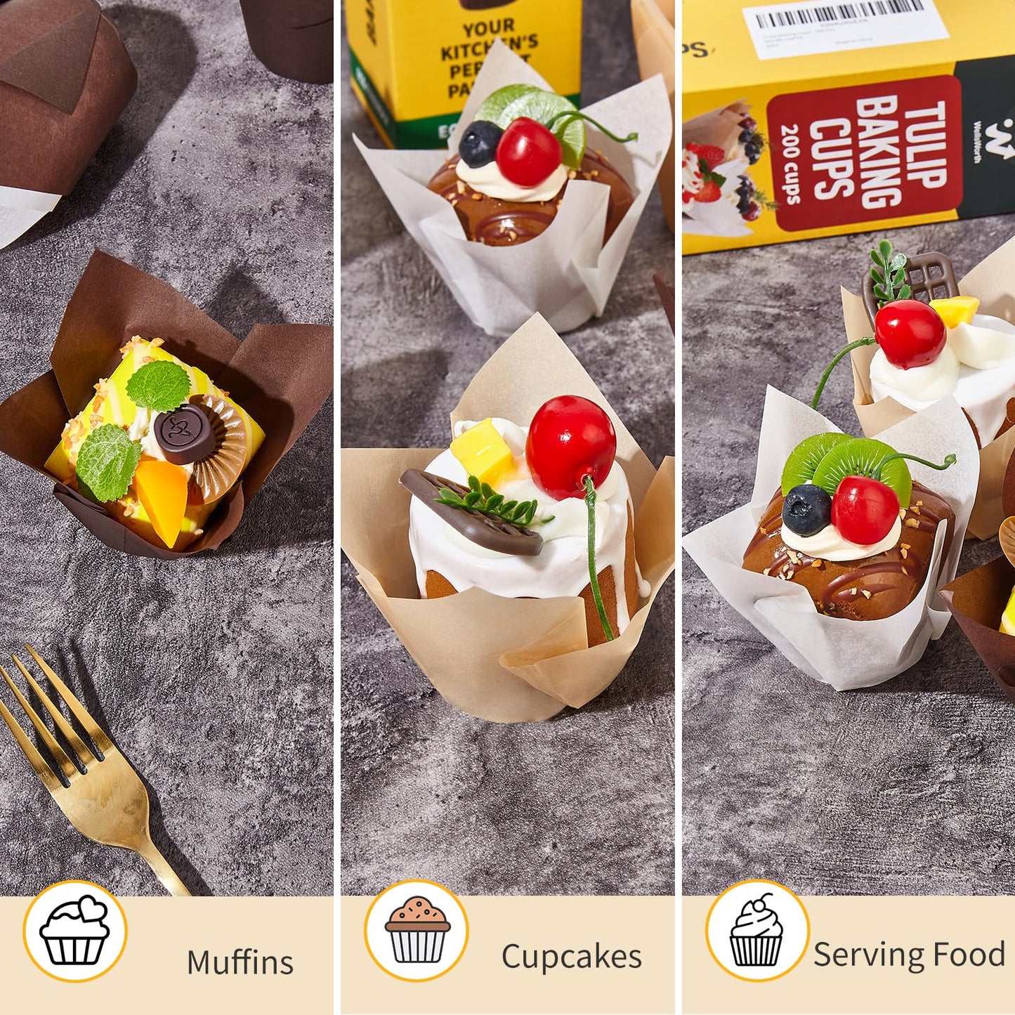 200PCS Tulip Cupcake Liners, Unbleached Standard Size Parchment Cupcake Liners, Food Grade Greaseproof Muffin Liners, Cupcake Wrapper for Baking, Party, Birthday, Christmas