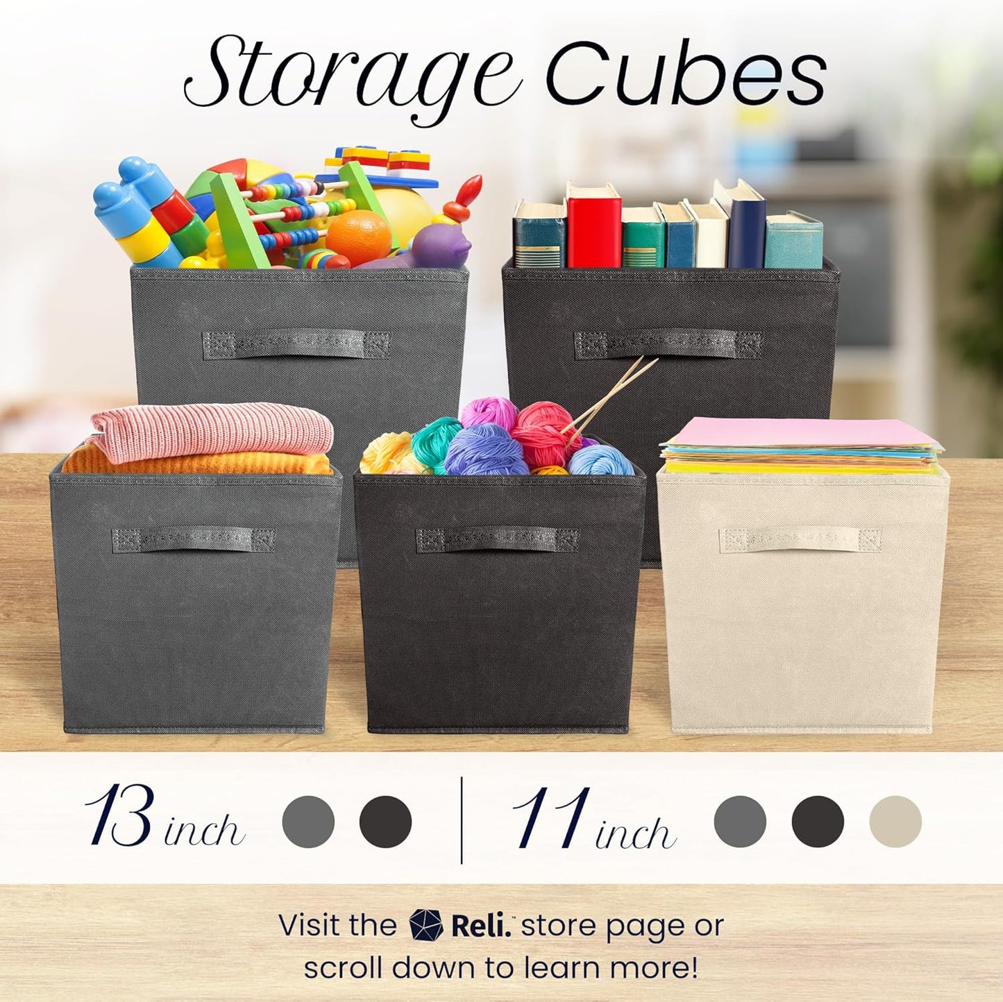 Reli. 11-Inch Cube Storage Bins - 4 Pack Fabric Organizer Boxes | Collapsible Dark Gray Cubby for Kids' Room