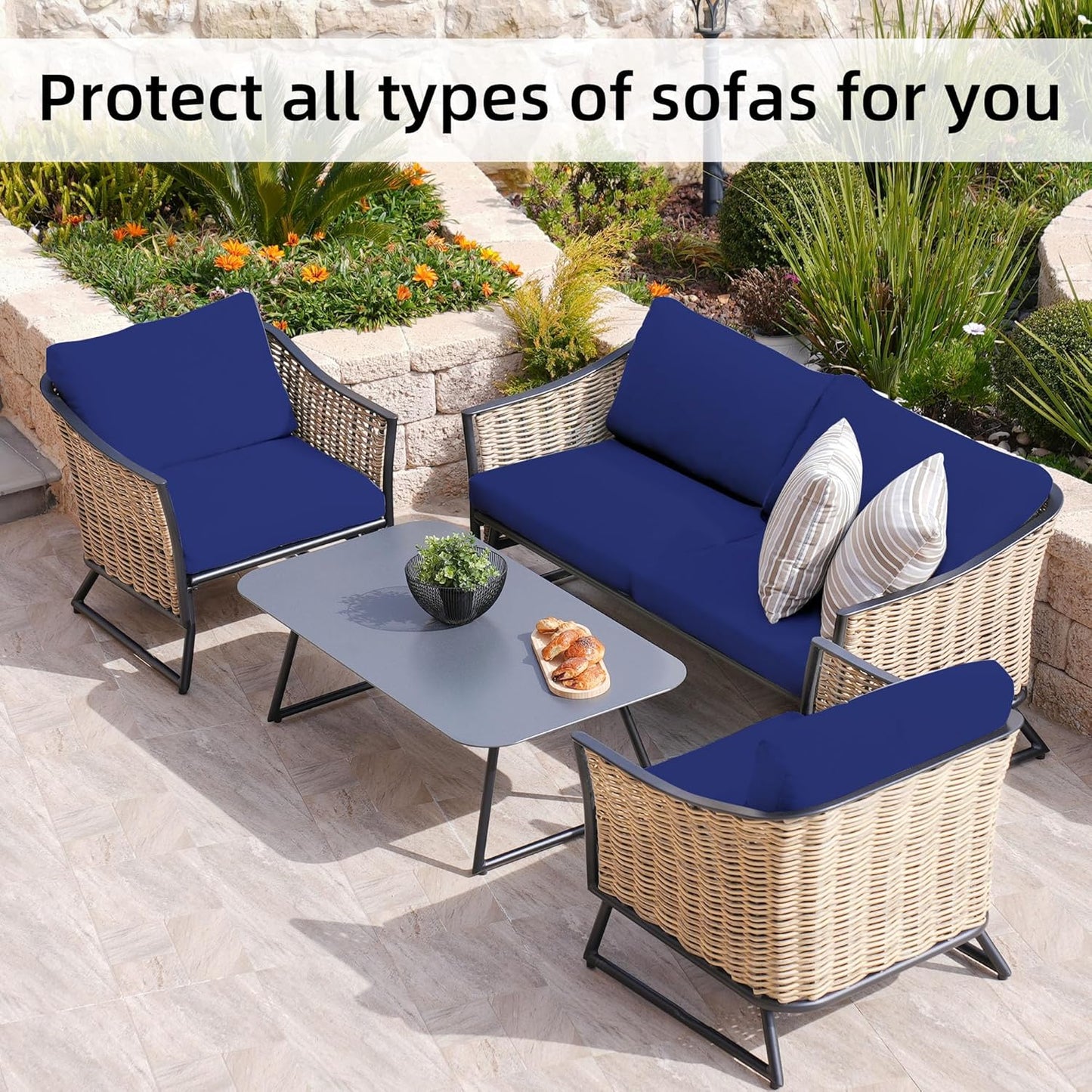 Skiennix 8-Piece Stretch Patio Cushion Covers - Washable Outdoor Sofa Slipcovers | Lake Blue