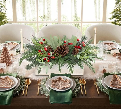 GnFlus Christmas Centerpieces - Artificial Pine Tree with Pinecones & Eucalyptus in White Wooden Pot