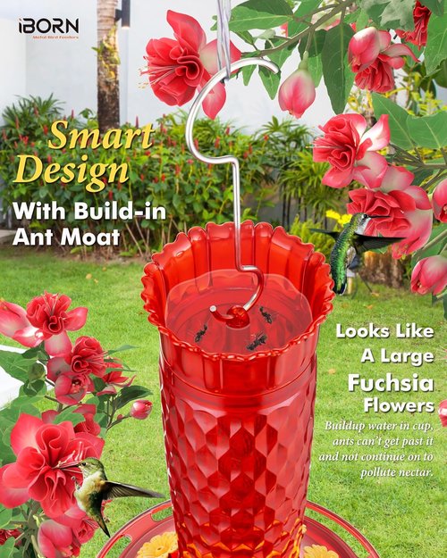 iBorn Hummingbird Feeders - 16oz Outdoor Hanging Feeder with 8 Bee Guards & Ant Moat | Red Honeycomb Design
