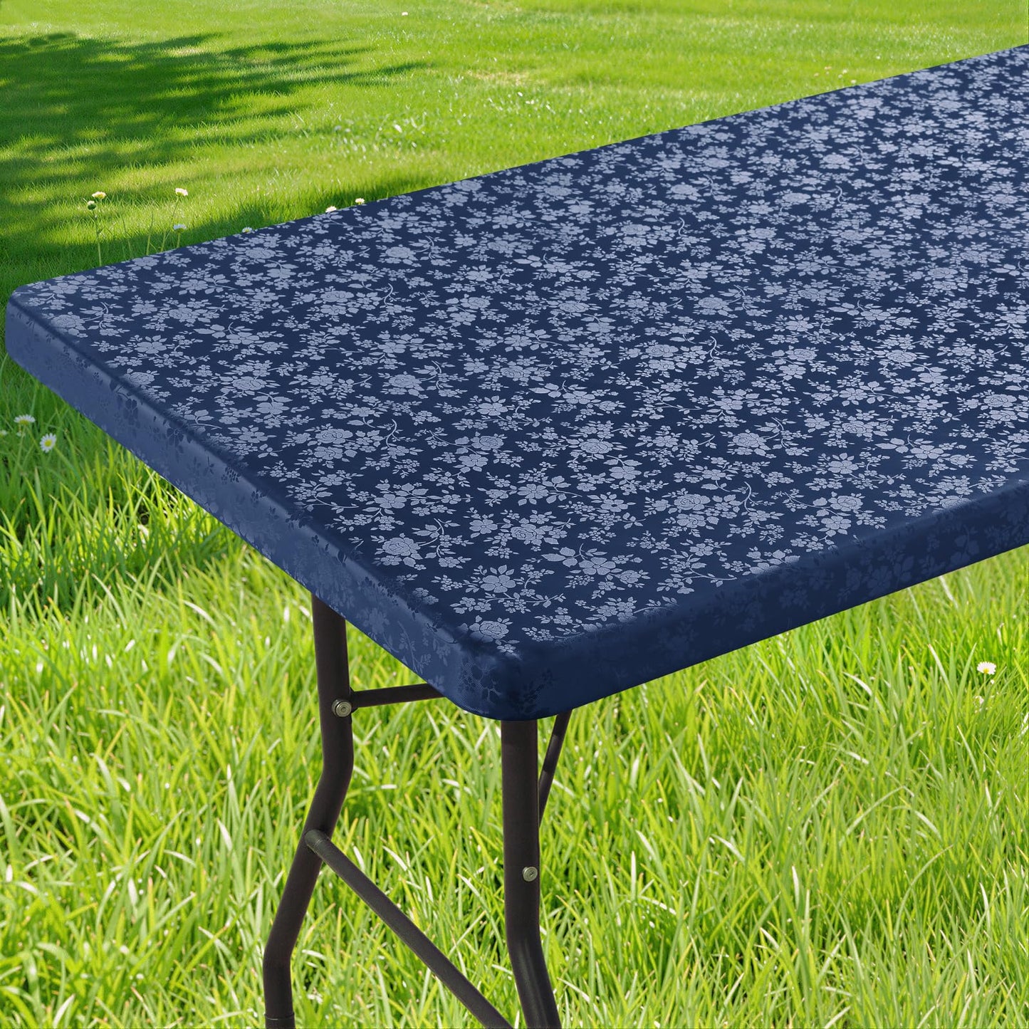 Smiry Rectangle Picnic Table Cloth, Elastic Waterproof Fitted Heavy Duty Vinyl Tablecloths, Wipeable Washable Table Covers for Kitchen, Dining, Camping, Outdoor (Navy,30" X 72")