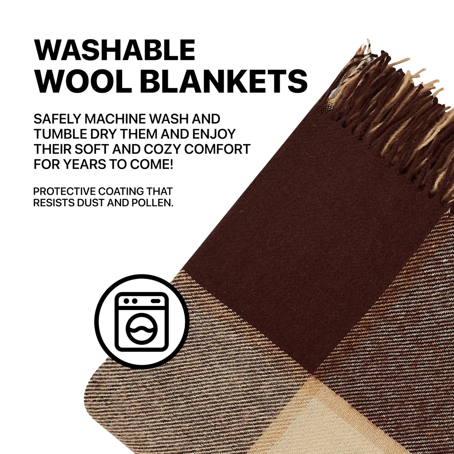 Cozy Blankets - New Zealand Virgin Wool Throw Blanket, Indoor and Outdoor Blankets and Throws, Comfortable Soft Blanket with Fringes and Tartan Pattern, 67 x 79 in, Queen Size, Brown