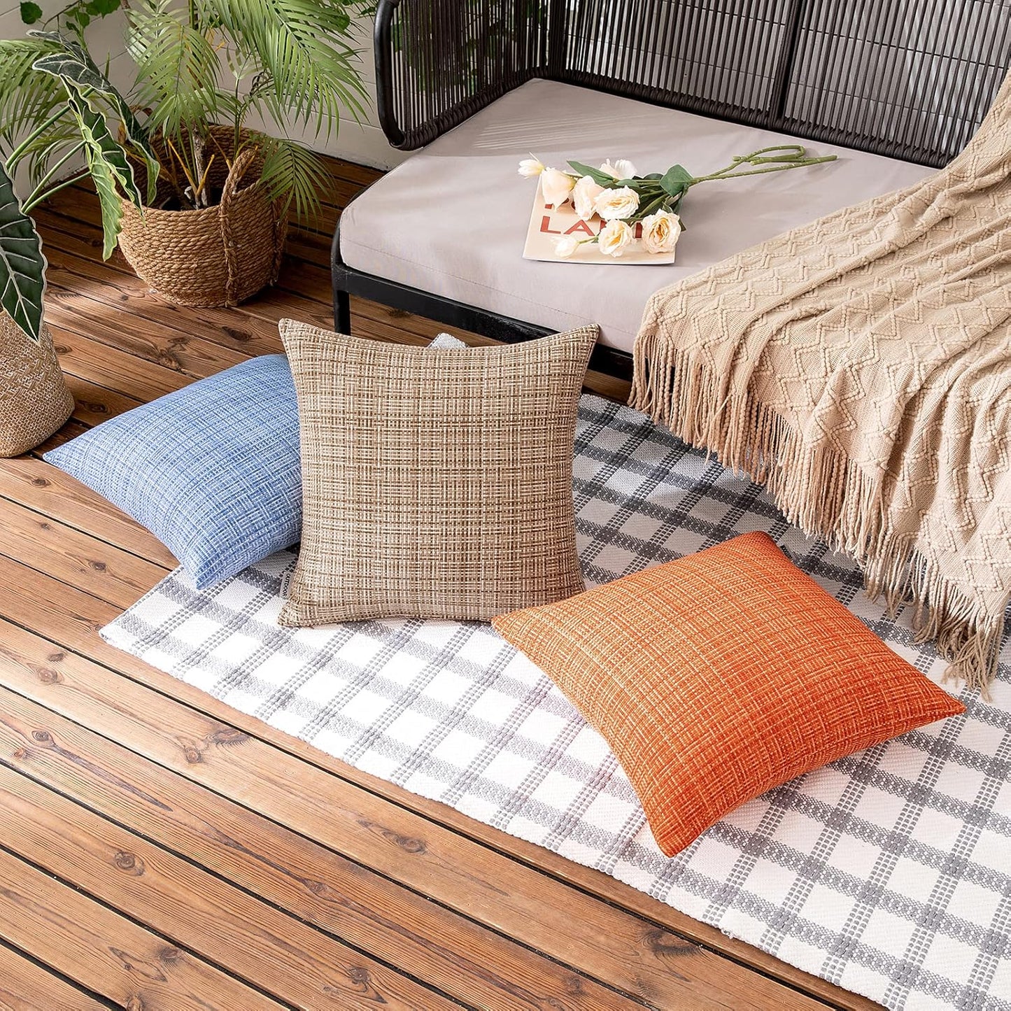 MIULEE Outdoor Waterproof Throw Pillow Covers - Decorative Farmhouse Cushion Covers, 20x20 Inch Beige | Pack of 2
