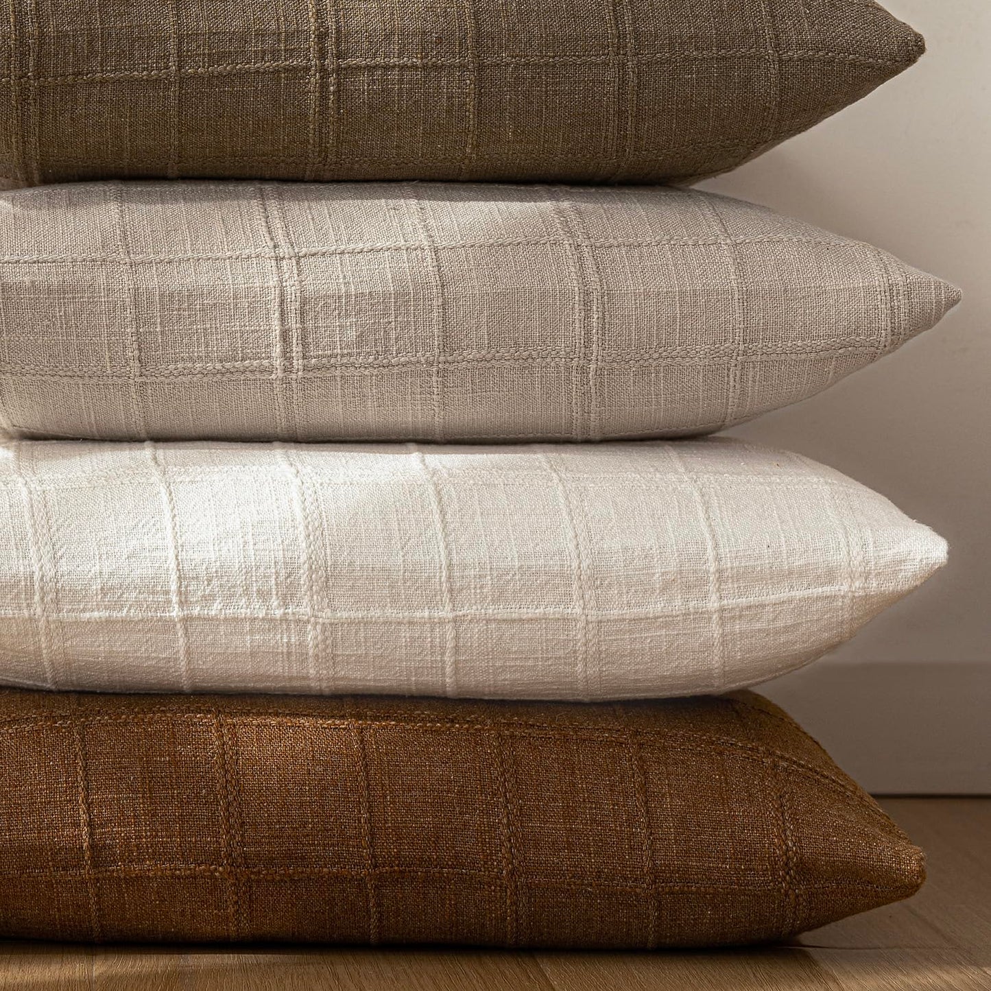 Foindtower Set of 2 Decorative Linen Check Throw Pillow Covers Neutral Farmhouse Lumbar Cushion Covers Modern Boho Home Decor for Sofa Chair Couch Bedroom Living Room,12×20 Inch,Natural Linen