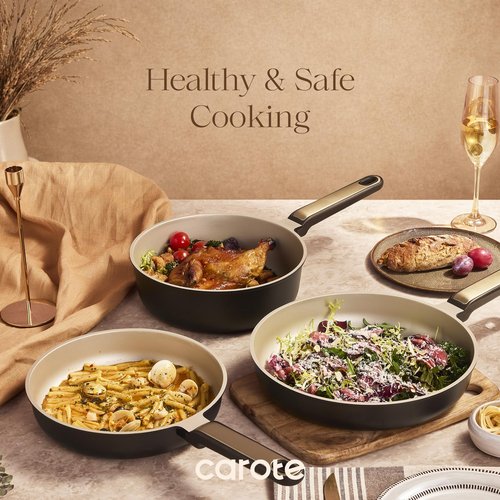 CAROTE Pots and Pans Set Nonstick, 16pcs Cookware Set Nonstick Non-Toxic & PFOA&PFOS-Free, Dishwasher, RV/Camping Cookware Set, Cooking Pots with Lids, Brown