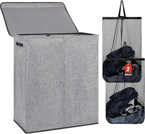 DOKEHOM 150L Double Laundry Basket - Large Collapsible Hamper with Lid & Removable Bags | Grey