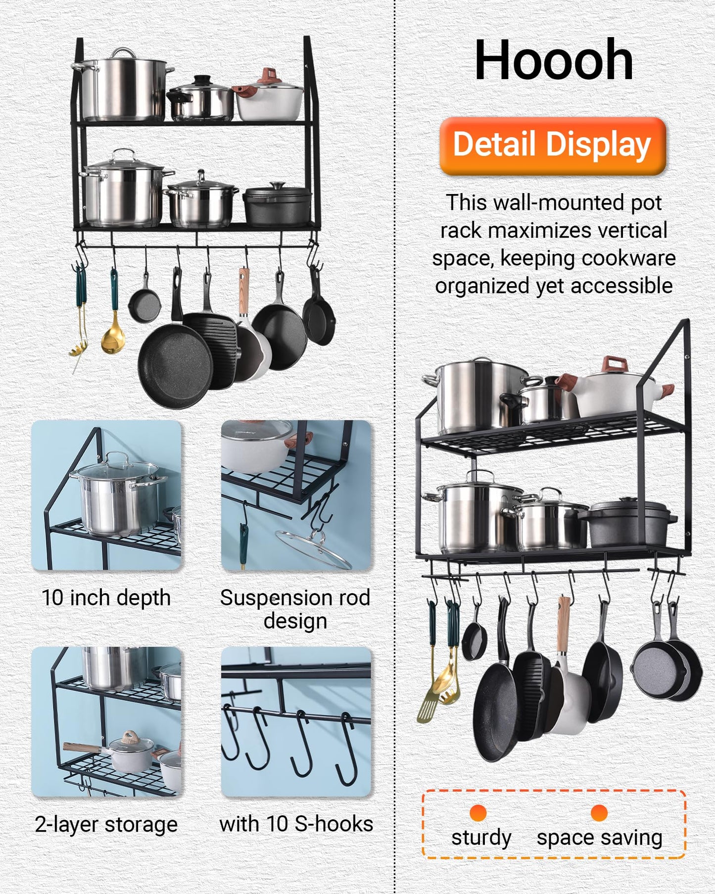 Hoooh 30-Inch Wall Mount Pot Racks - 2-Tier Pot Rack Pan Hanger for Kitchen Storage and Organization - Matte Black Cookware Hanging Shelves with 10 Hooks