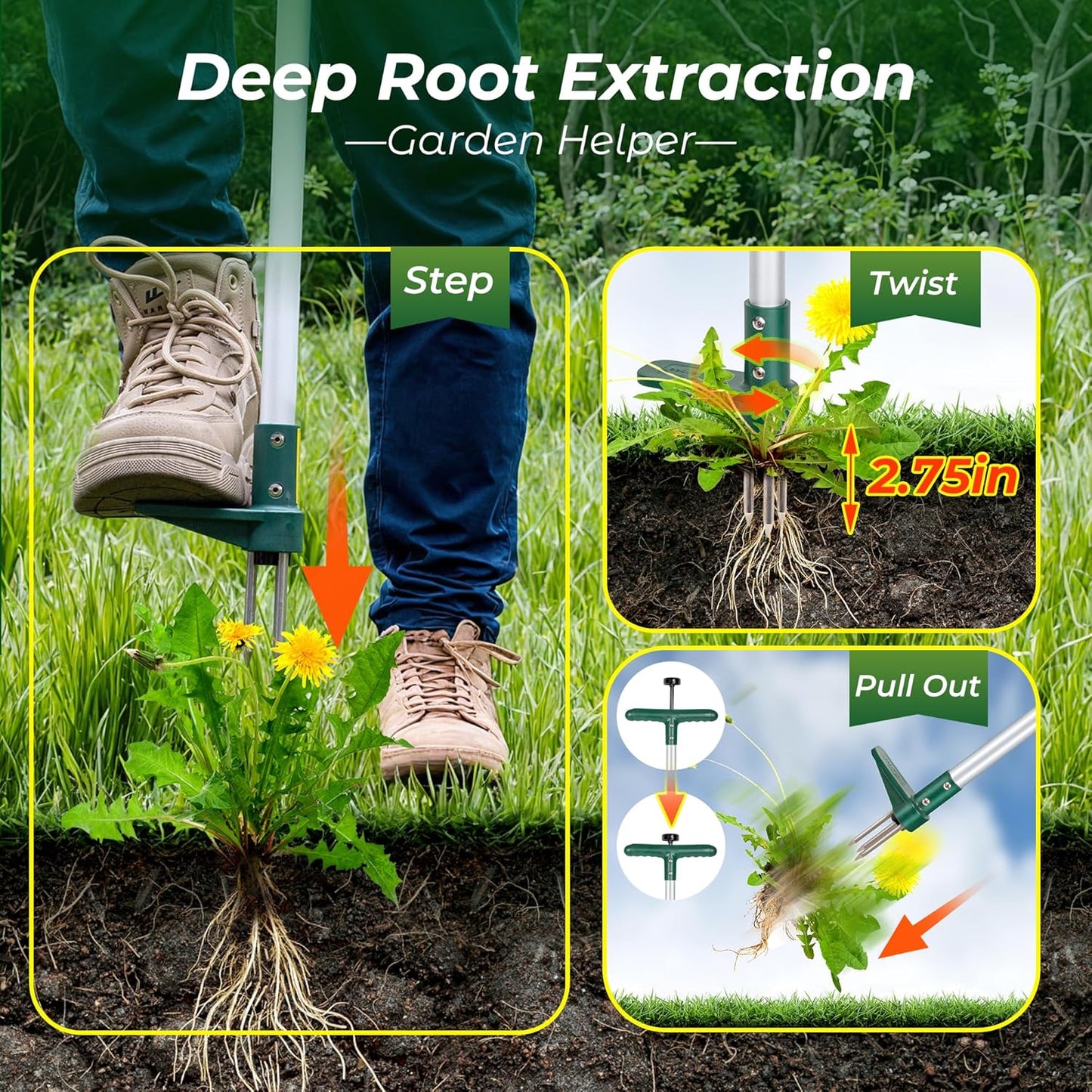 Walensee Stand Up Weeder - Long Handle Weed Puller with 3 Claws for Easy Dandelion Removal | 1 Pack