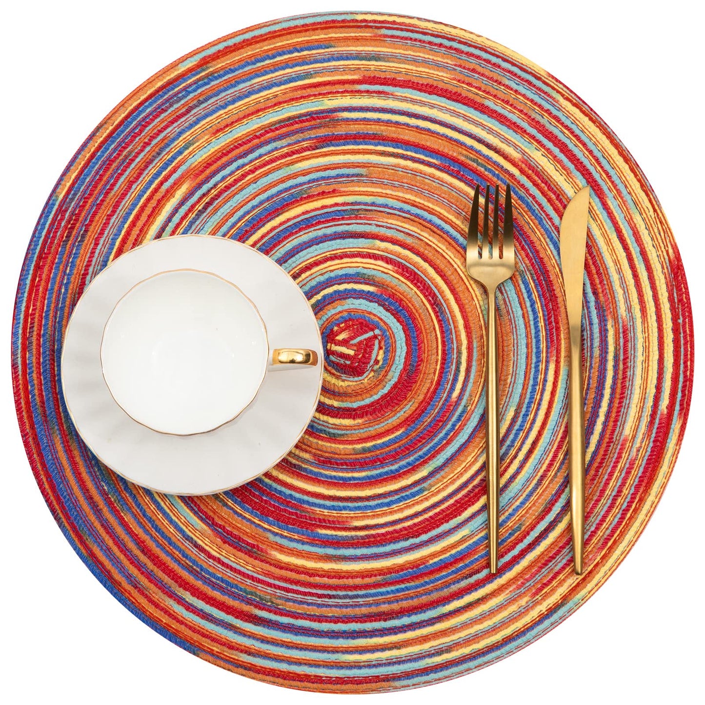 SHACOS Round Braided Placemats Set of 8 Washable 15 inch Round Table Mats Colorful Variegated Woven Place Mats for Dining Table (Rainbow Red, 8)