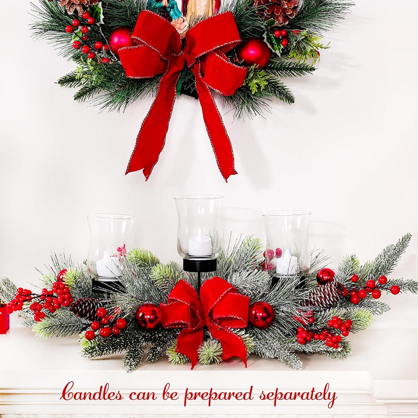 Regine Switzerland Red Christmas Table Centerpiece - Cedar Decoration with 3 Candlestick Glass Cups & Red Berries