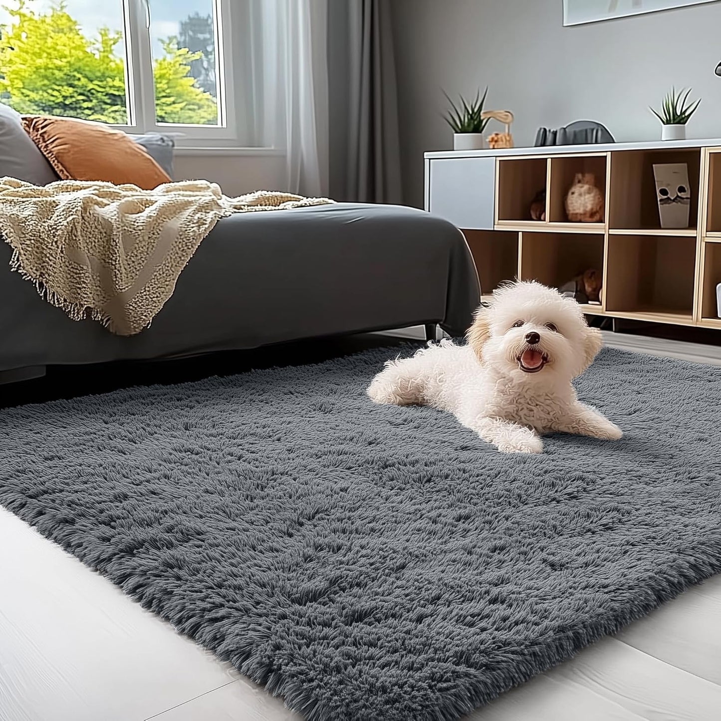 OLANLY Area Rug - Soft Fluffy Shaggy Design | Machine Washable Indoor Carpet for Living Room & Bedroom - Grey