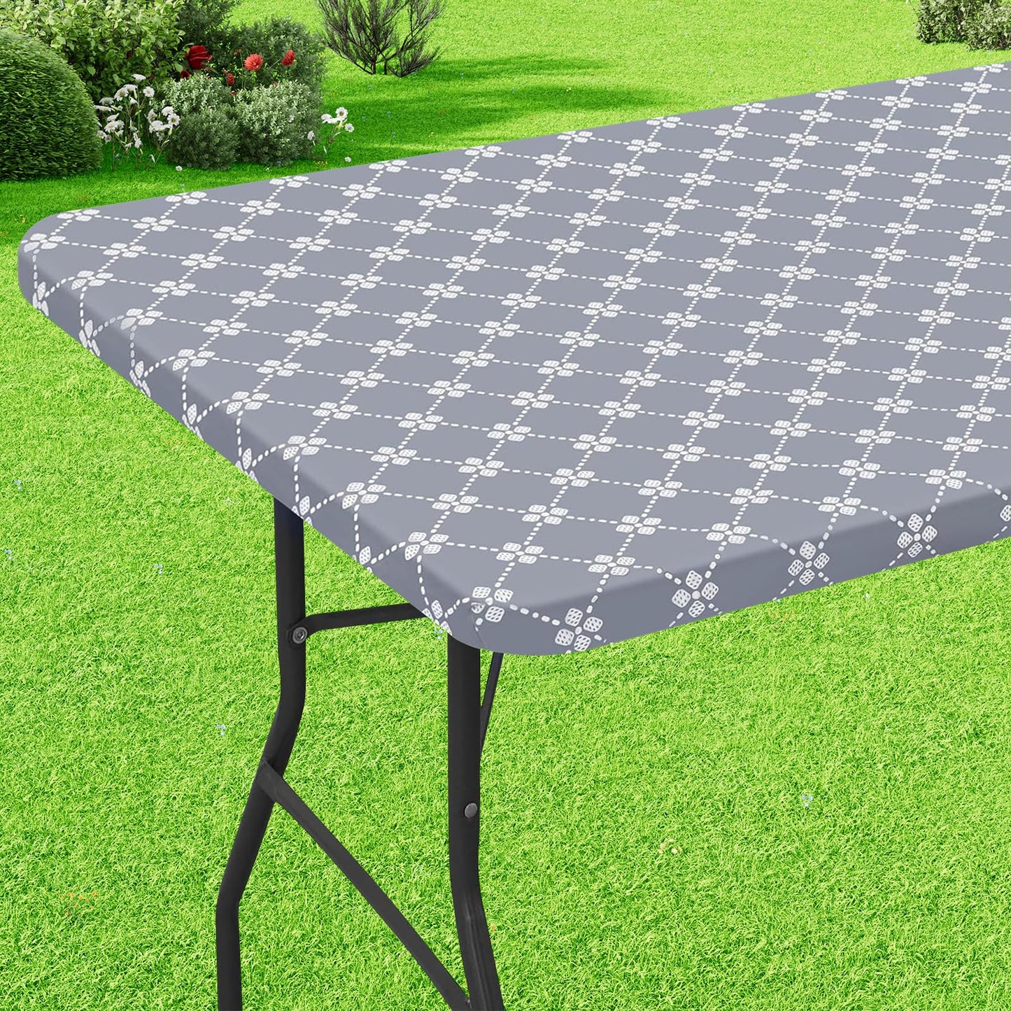 misaya Rectangle Vinyl Table Cloth, Elastic Fitted Tablecloth with Flannel Backing, Waterproof Plastic Table Cover Fits 6 Foot Folding Tables for Picnic, Camping, Indoor and Outdoor (Grey, 30" x 72")