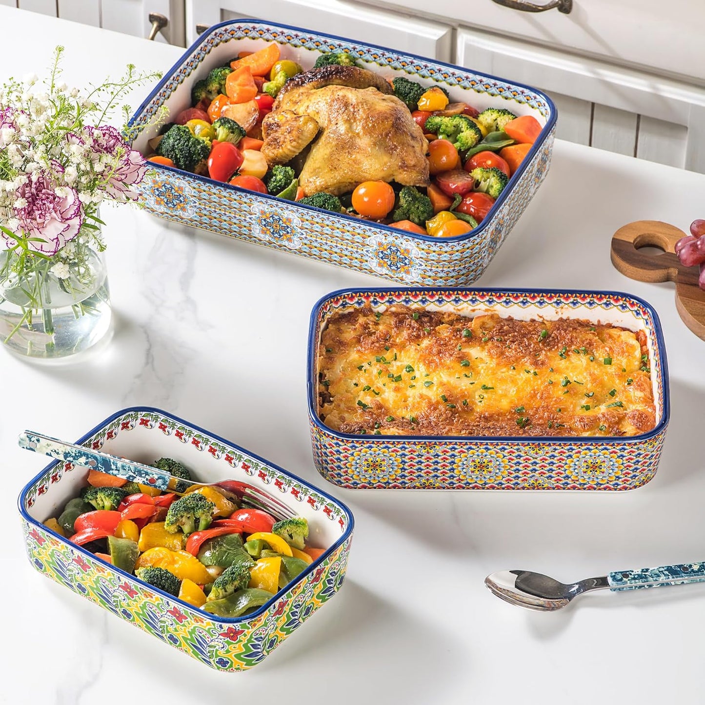 Regine Switzerland Ceramic Casserole Dishes Set of 3 - Stylish Rectangular Bakeware for Baking & Roasting
