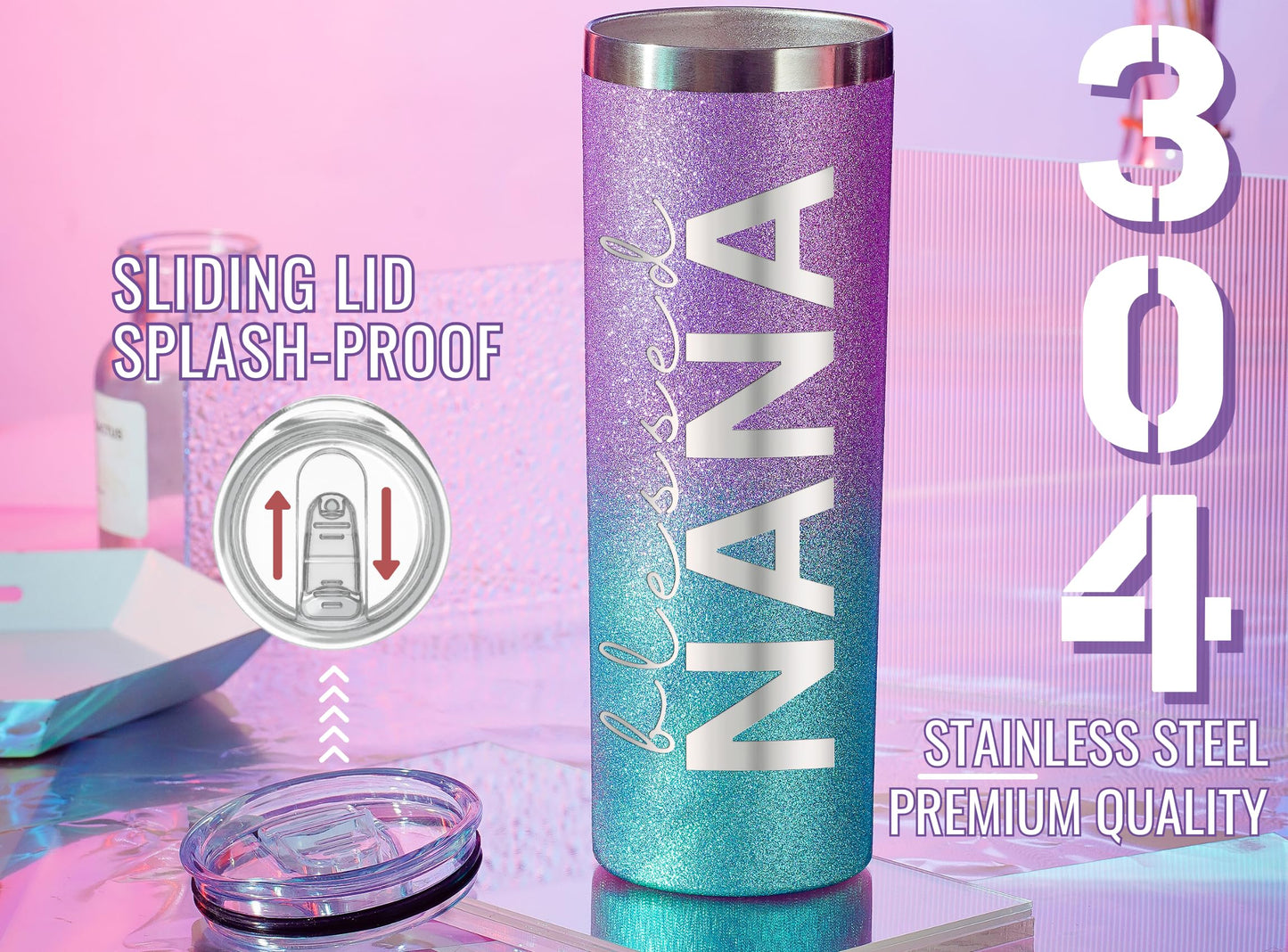 Onebttl Christian Grandma Gifts for Mother's Day, 20oz Purple & Blue Glitter Skinny Tumbler, Straw & Lid Included, Nana Gifts - Blessed Nana