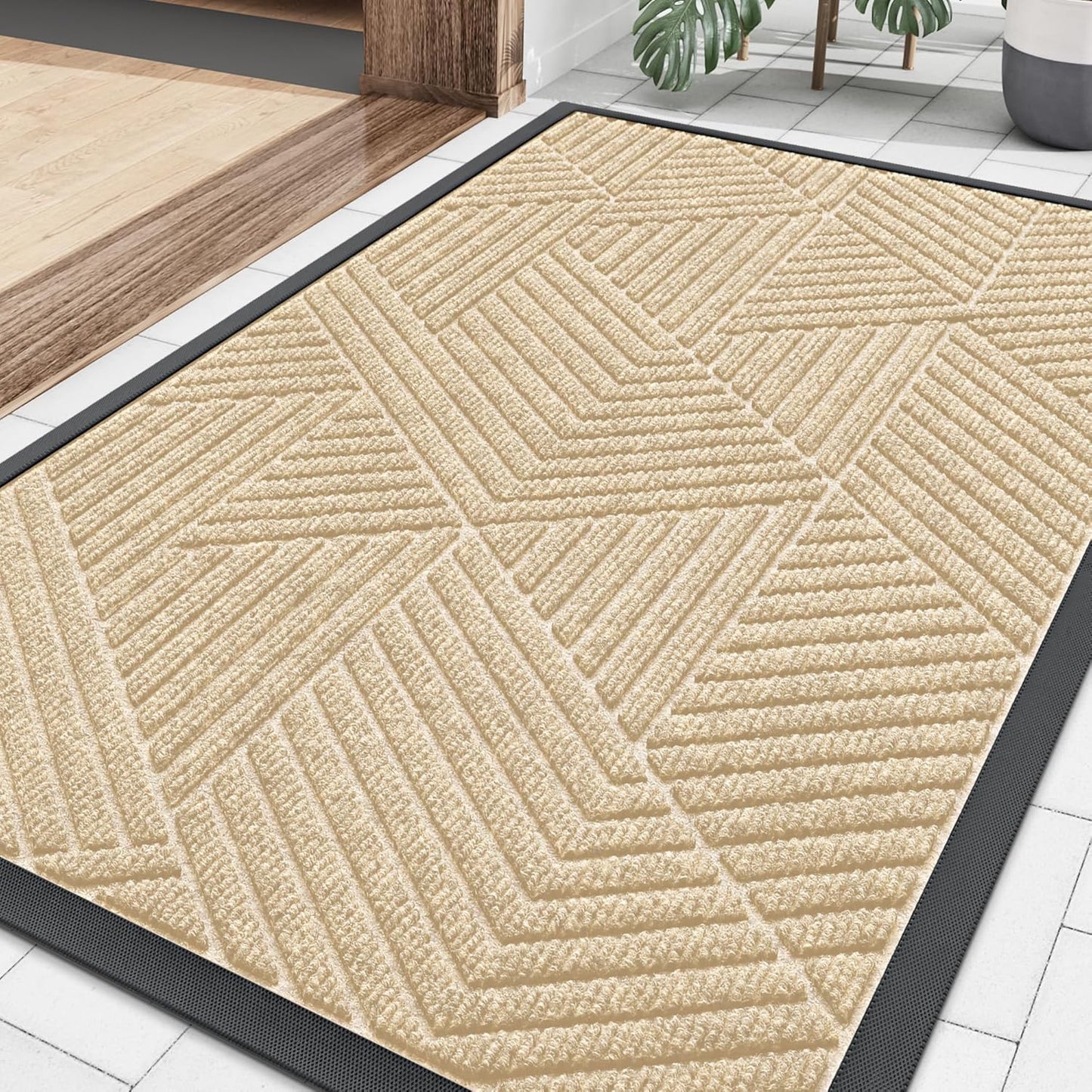 Smiry Heavy-Duty Natural Rubber Front Door Mat - Irregular Triangle Design | Easy Clean, 29.5x17 Inches, Beige