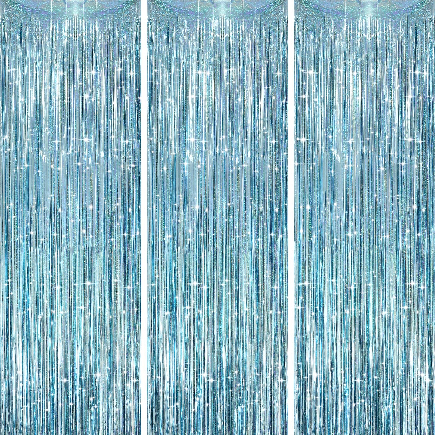 Voircoloria 3 Pack 3.3 x 8.2 ft Laser Blue Foil Fringe Backdrop Curtains, Tinsel Streamers Party Decorations, Fringe Backdrop