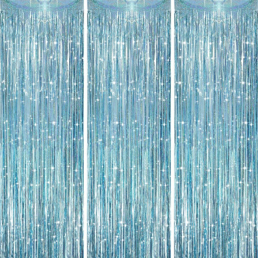 Voircoloria 3 Pack 3.3 x 8.2 ft Laser Blue Foil Fringe Backdrop Curtains, Tinsel Streamers Party Decorations, Fringe Backdrop