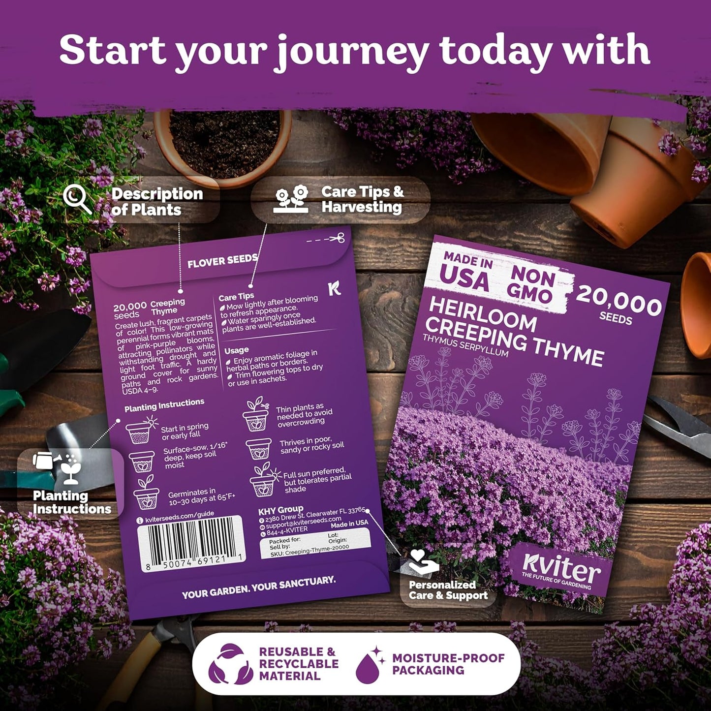 KVITER 20,000 Creeping Thyme Seeds - Aromatic Ground Cover & Purple Perennial Flower Seeds for Gardens