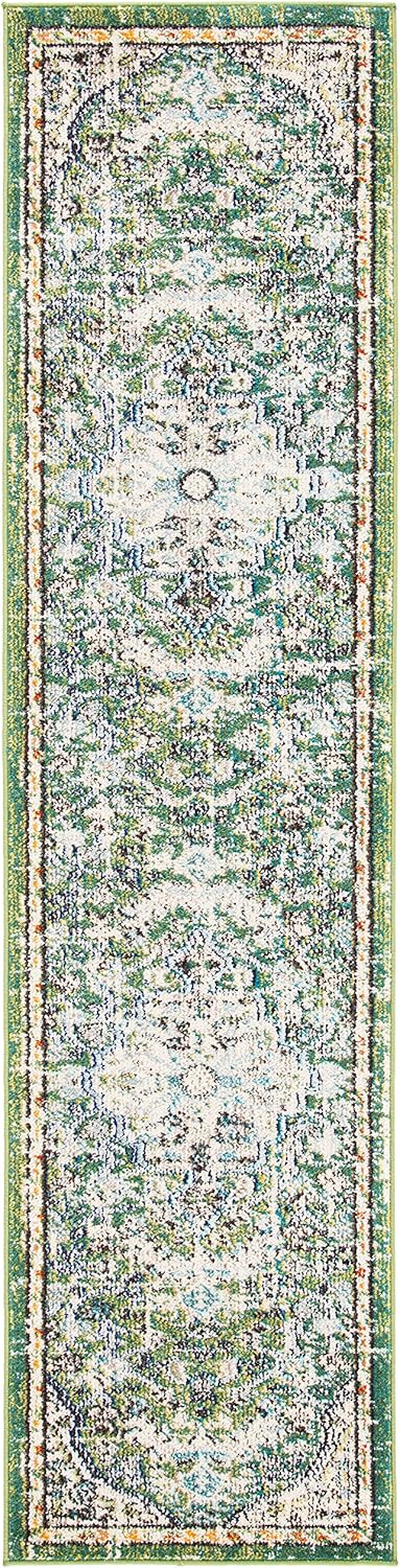 SAFAVIEH Madison Collection Runner Rug - 2'2" x 14', Green & Turquoise, Boho Chic Medallion Distressed Design, Non-Shedding & Easy Care, Ideal for High Traffic Areas in Living Room, Bedroom (MAD447Y)