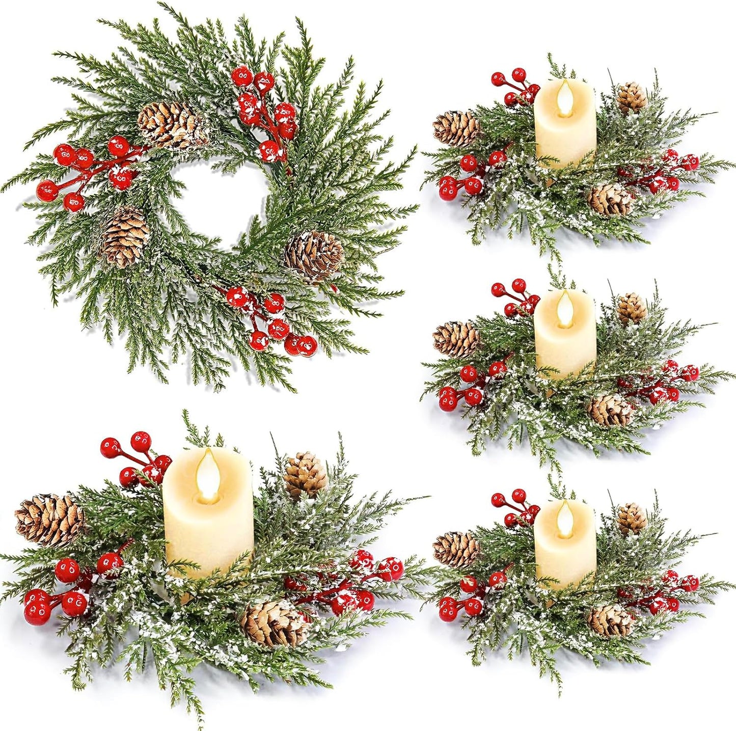 Skiennix Mini Christmas Wreath Candle Rings - 4 Pack Snowy Cypress Decor | 9"x3.5" with 20 Branches, 21 Red Berries & 3 Pinecones