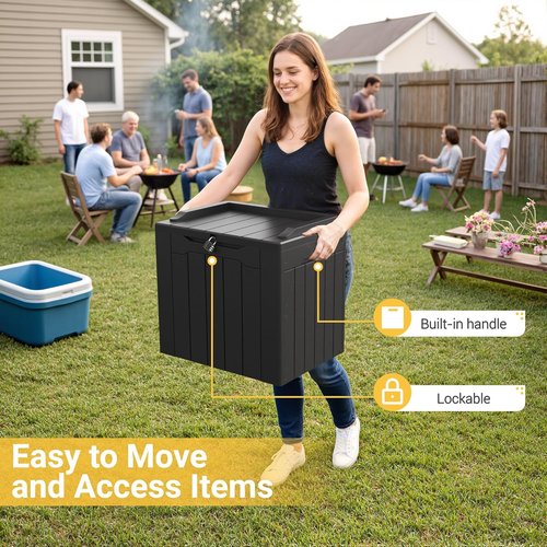 Greesum Outdoor Storage Box - 31 Gallon Waterproof & UV Resistant Container | Lockable, Dark Black