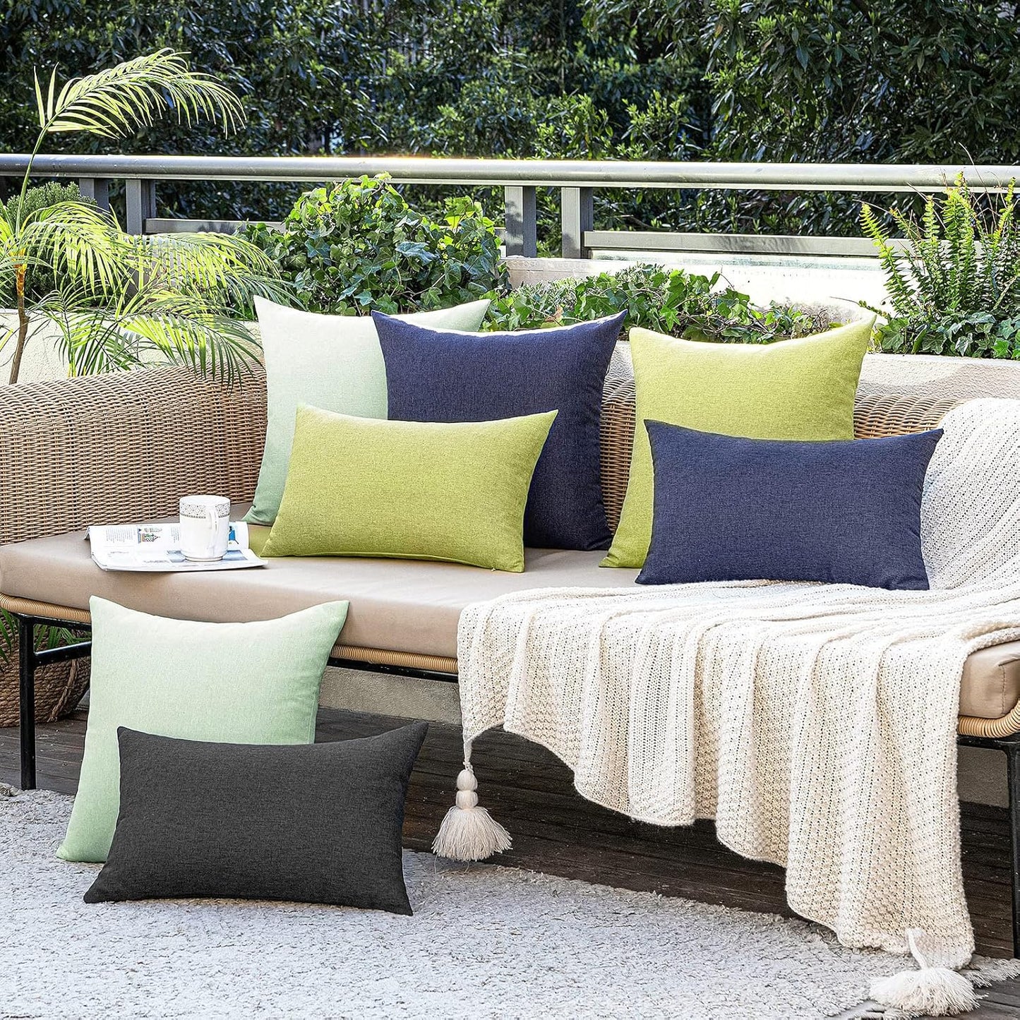 MIULEE Decorative Outdoor Throw Pillow Covers - Waterproof Faux Linen Cushion Cases | 20x12 Inch Navy (Pack of 2)