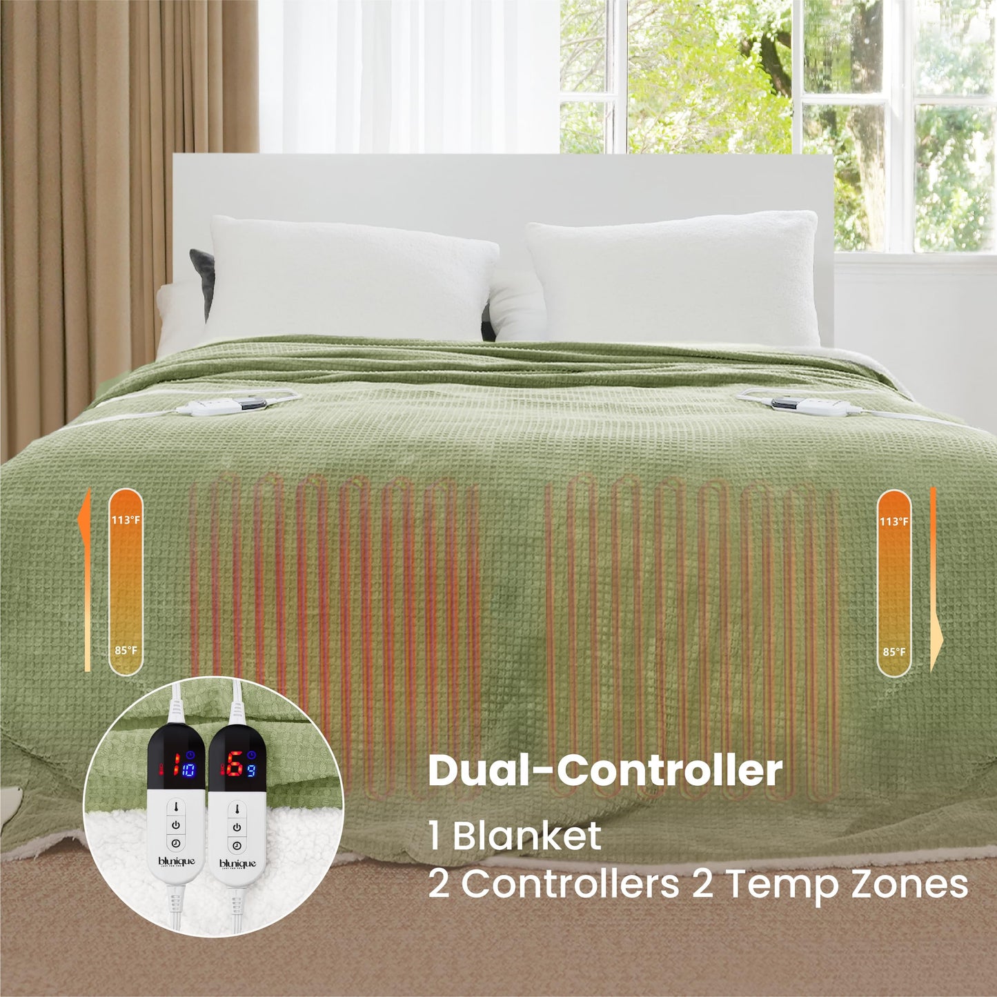 blunique Heated Blanket Electric Blanket Queen Waffle, 84x90 Inches Dual Controllers Sherpa Fleece Fast Heating Blanket 6 Heating Levels & 10 Hours Auto Off ETL Certification, Sage Queen