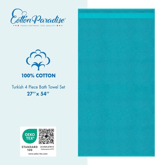 Cotton Paradise Turkish Bath Towels - 100% Cotton Extra Large Soft Plush Set | Aqua Blue, 4 Pieces