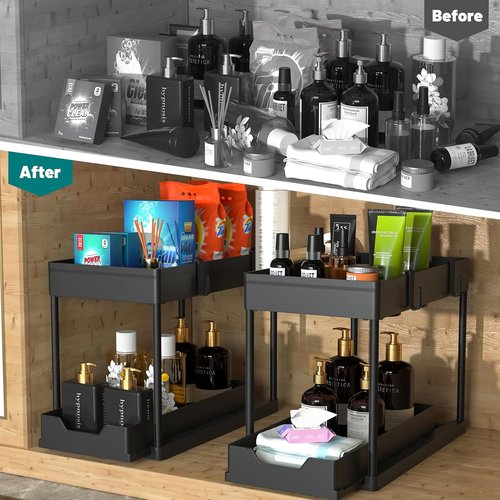 DEKAVA Under Sink Organizer - 2 Pack Bathroom Cabinet Storage Baskets | Multi-Purpose Black Design