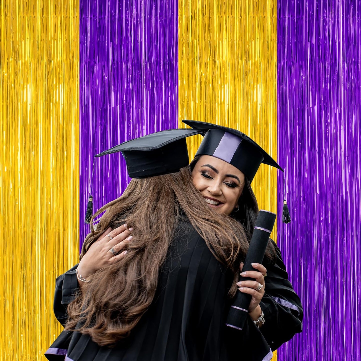 Regine Switzerland Graduation Backdrop - 2 Pack Metallic Purple & Gold Foil Fringe Curtains | 3.28 FT x 7.05 FT Class of 2026 Decor