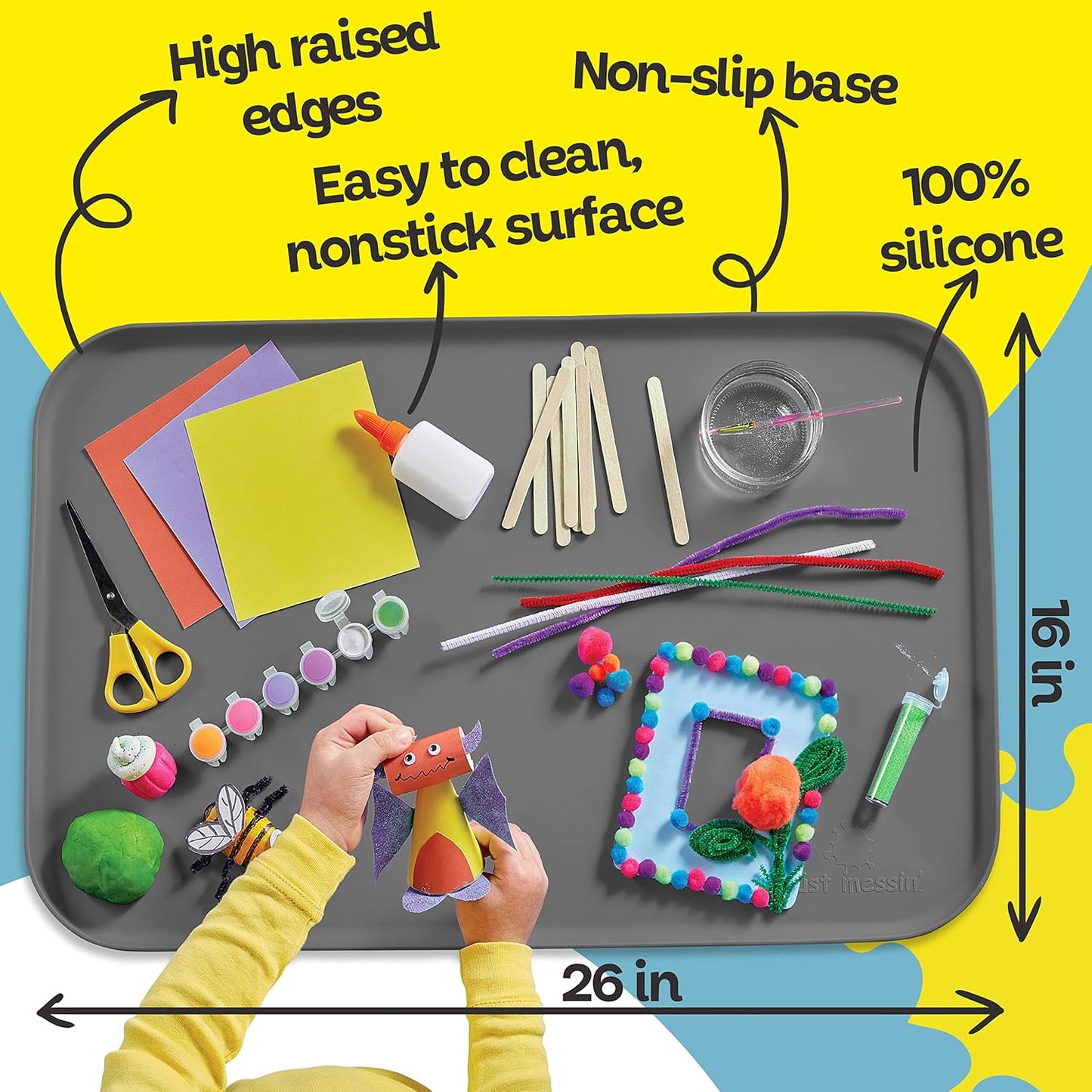 Just Messin’ Silicone Art Mat - Reusable Non-Slip Heat-Resistant Mat with Raised Edges | 16"x26", Gray