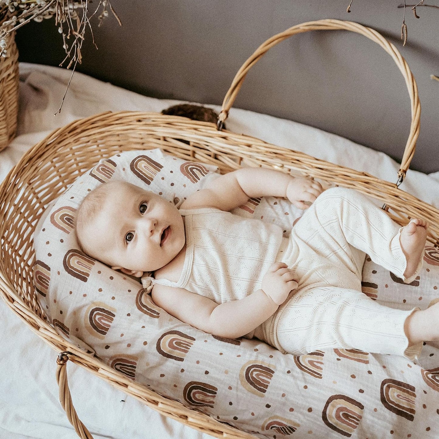 Skiennix Muslin Bassinet Fitted Sheets - Soft Cotton Baby Mattress Set | 360° Elastic Fit, Cute Rainbow Design