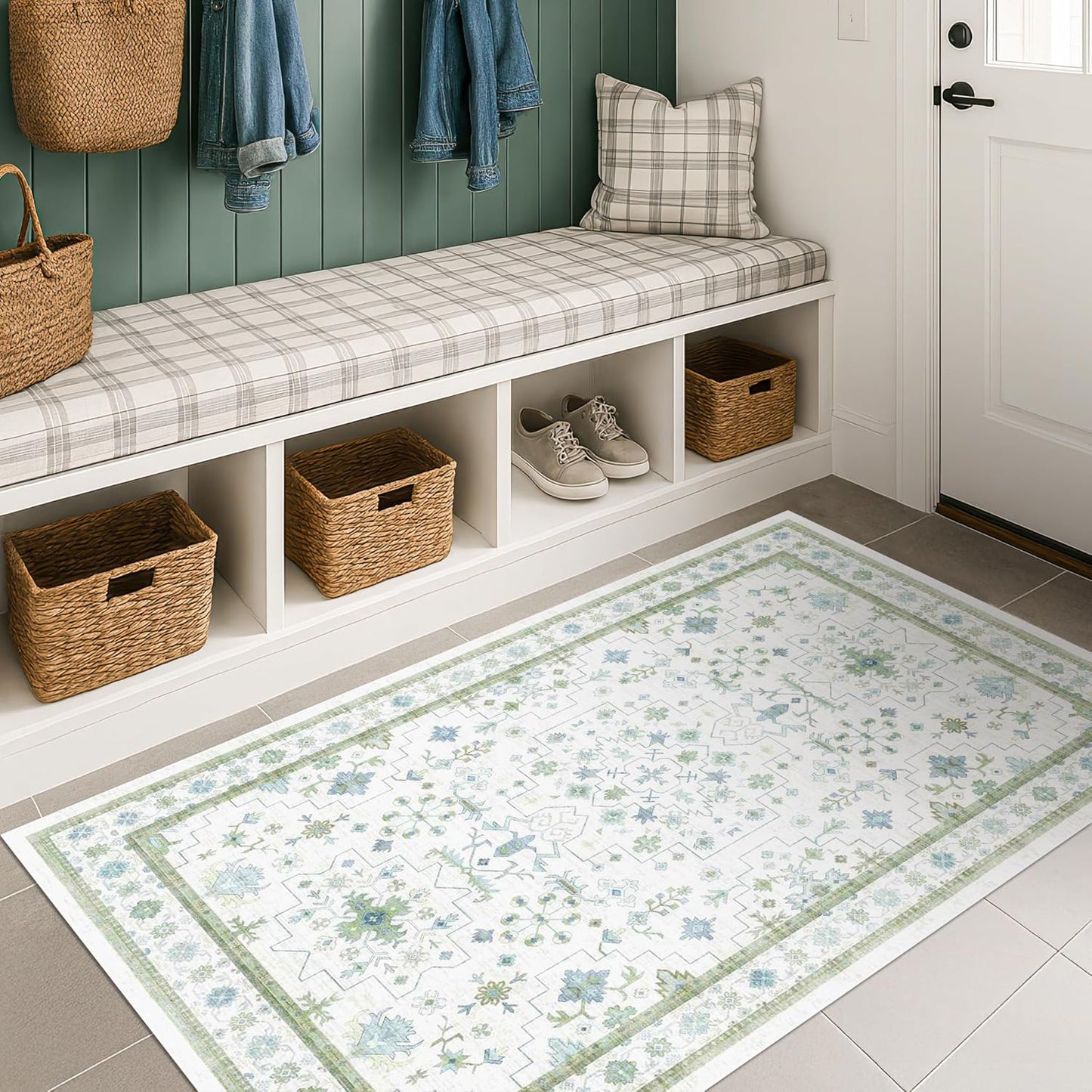 Oushak Boho Bathroom Rug - Cream Green & Blue Floral Design, Washable Low Pile, Non-Slip Rubber Backing, Small Size