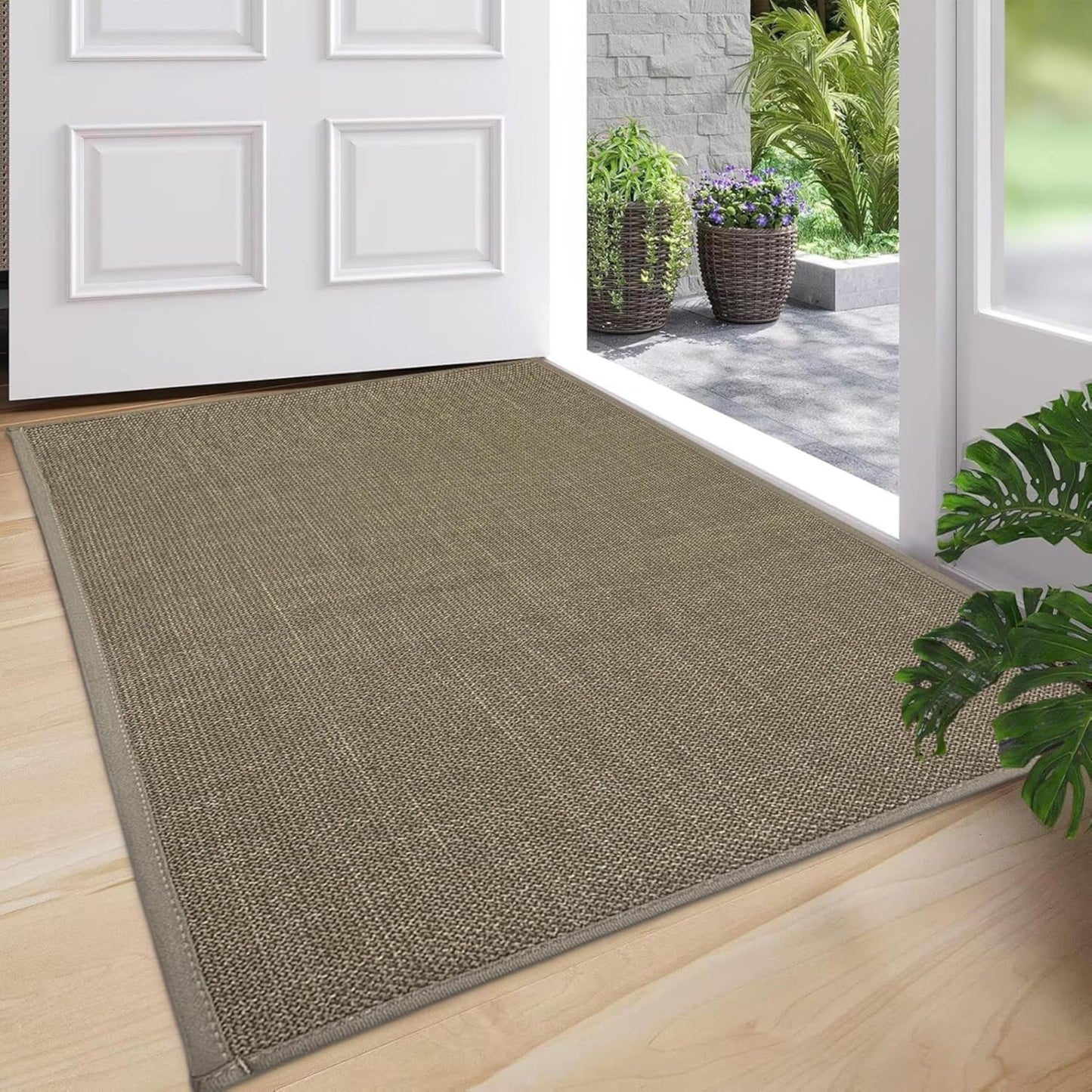 Ultra Thin Indoor Door Mat - 30"x17" Modern Geometric Non-Slip Rug with Rubber Backing | Washable Khaki Entryway Mat