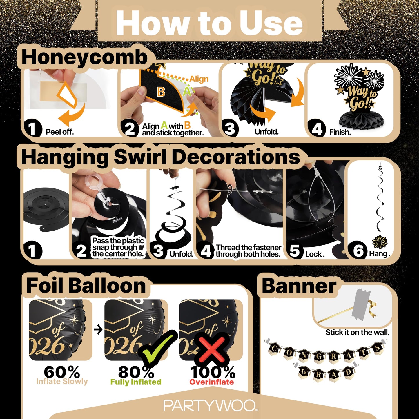 PartyWoo Graduation Decorations Class of 2026 Black Gold 19pcs Grad Party Supplies with Black Gold Congrats 2026 Grad Banner Hanging Swirls Foil Balloons Graduation Cap Centerpieces Party Decorations