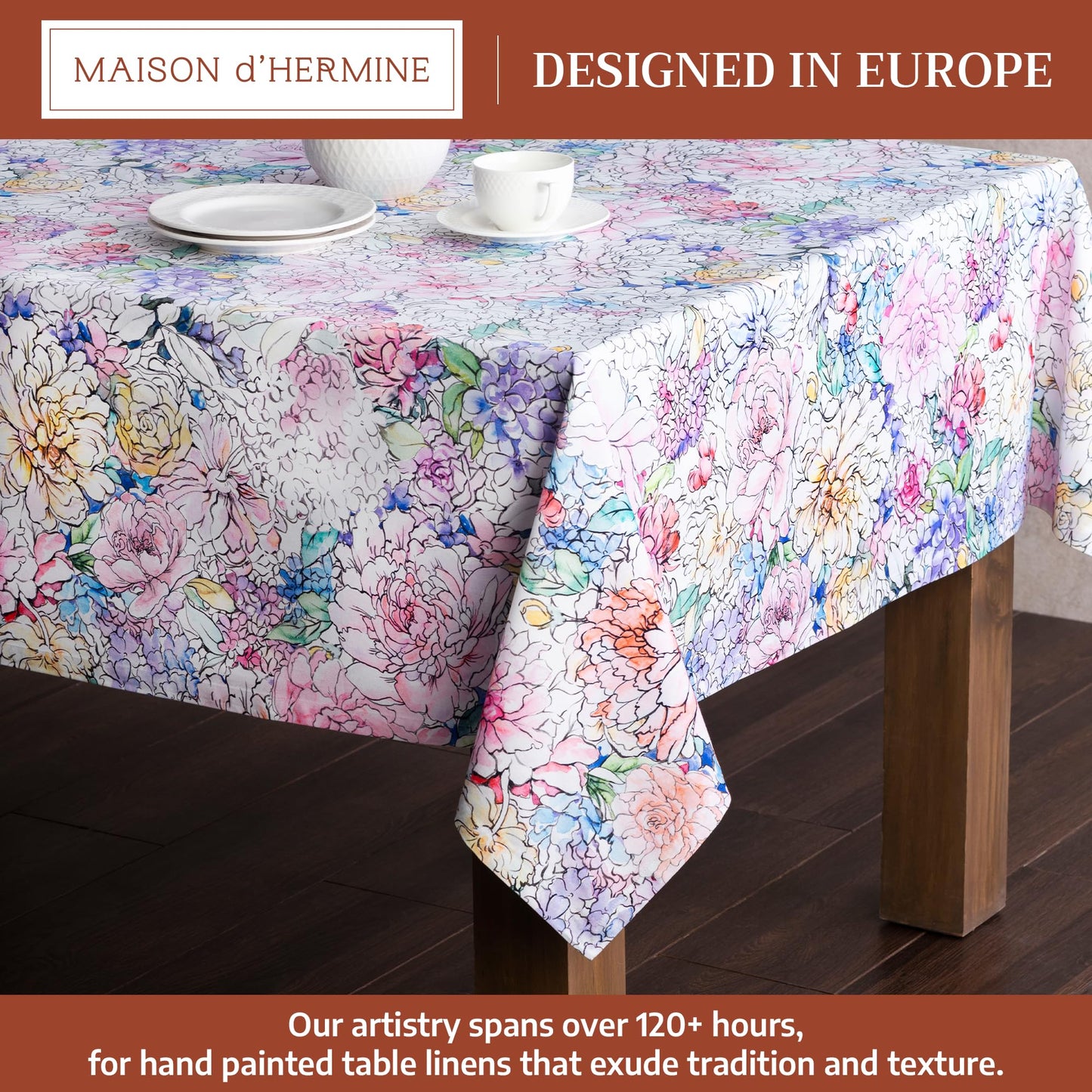 Maison d' Hermine Table Cloth Square Table 100% Cotton 60 x 60 Inches Tablecloth Reusable Decorative for Dining Kitchen Room Farmhouse Home Gifts for Mothers Day Spring Summer - Floral Love
