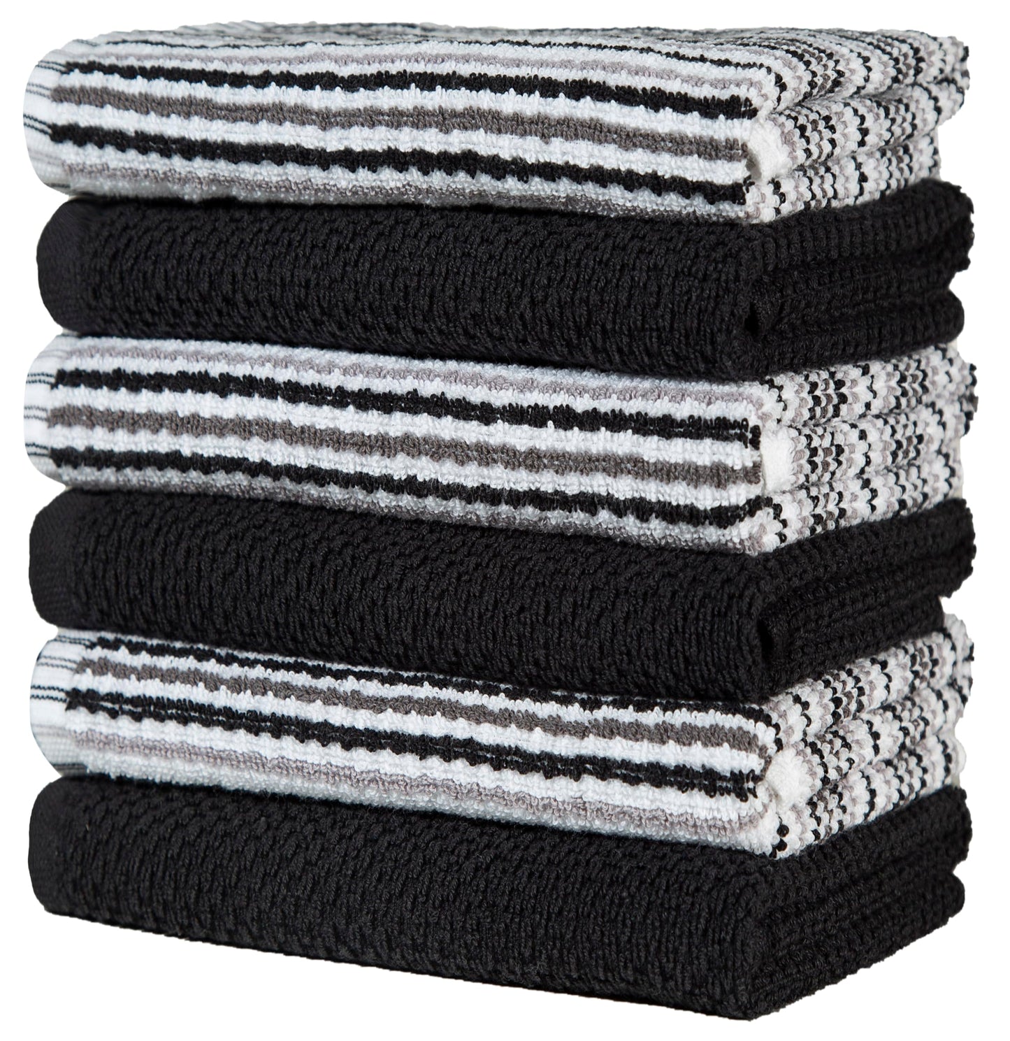 Popcorn Stripe Cotton Kitchen Towels - 6 Pack | 16'x26' | Highly Absorbent 400 GSM | Black