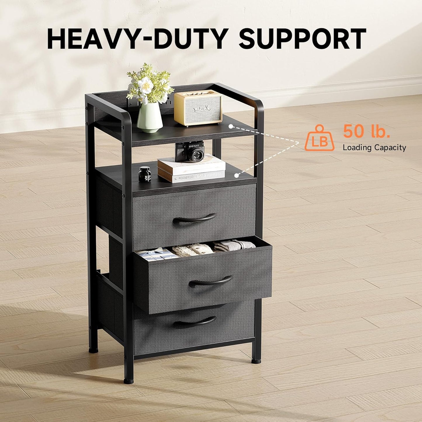 Lazzanto Night Stand | Modern Bedside Charger with LED Light Strip & Storage Drawers - USB Ports & AC Outlets