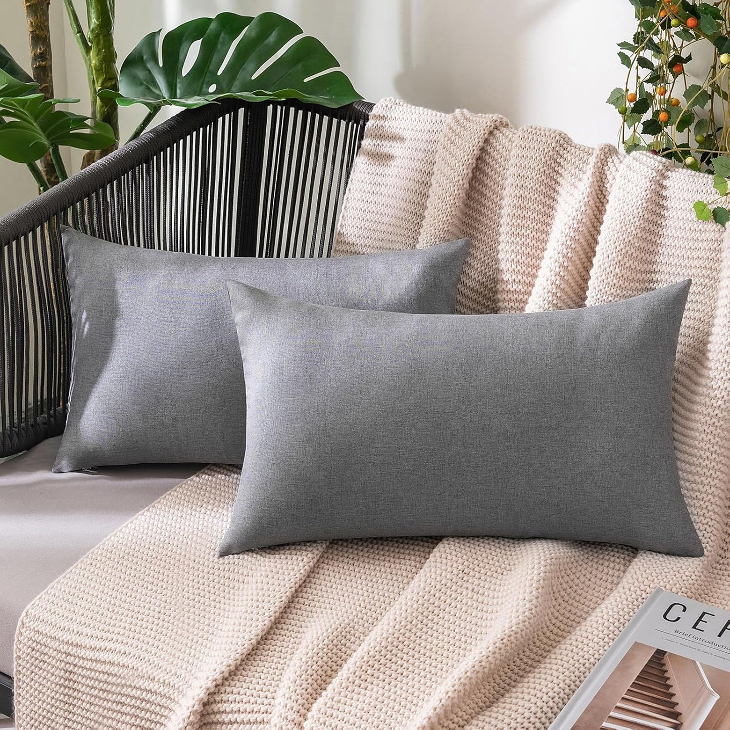 MIULEE Decorative Outdoor Throw Pillow Covers - Waterproof Faux Linen Cushion Cases | 20x12 Inch Light Grey (Pack of 2)