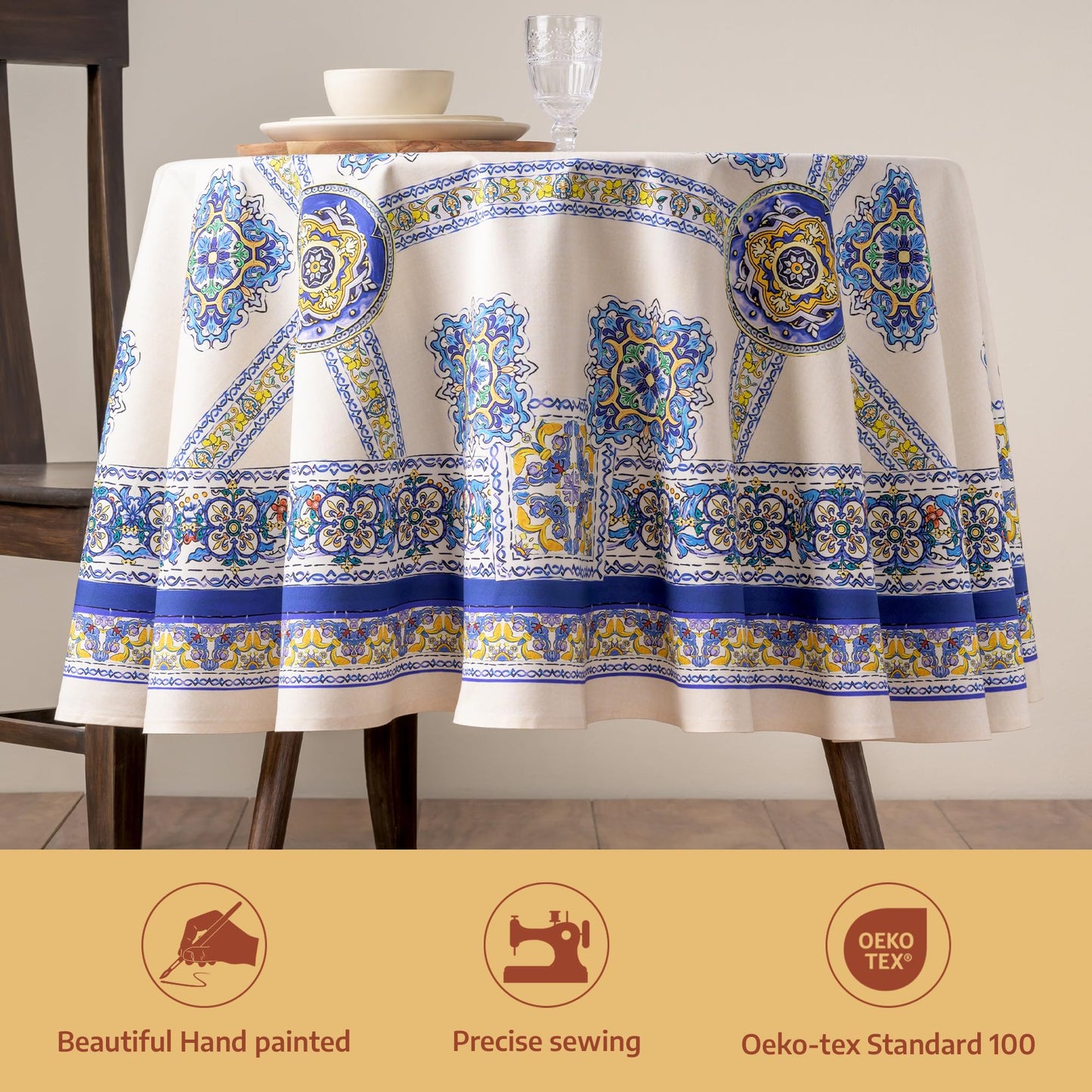 Maison d'Hermine Premium Table Cloth Round Table 100% Cotton 70 Inches Tablecloth Reusable Decorative Everyday Use for Dining Room, Farmhouse, Home, Party, Festive & Wedding - Sciacca
