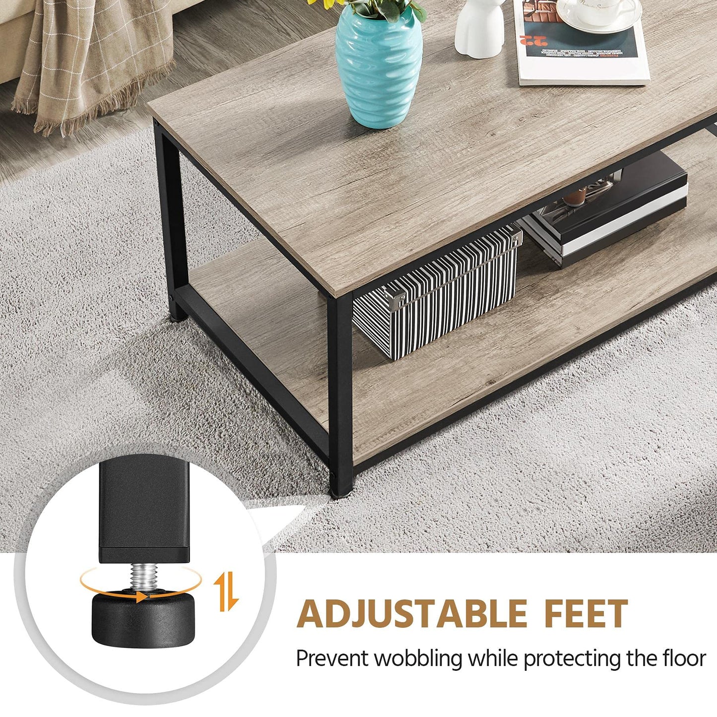 Yaheetech 39.5" 2-Tier Coffee Table with Storage Shelve, Industrial Gray Coffee Table, Easy Assembly, Wooden Center Tables for Living Room & Small Space, Gray