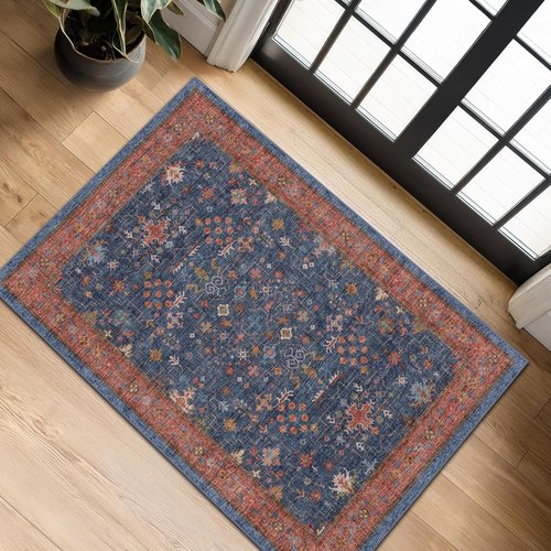 Hazo Haus Washable 2x4 Entry Rug - Non-Slip Rubber Backing | Perfect for Farmhouse & Boho Décor (Navy Blue)