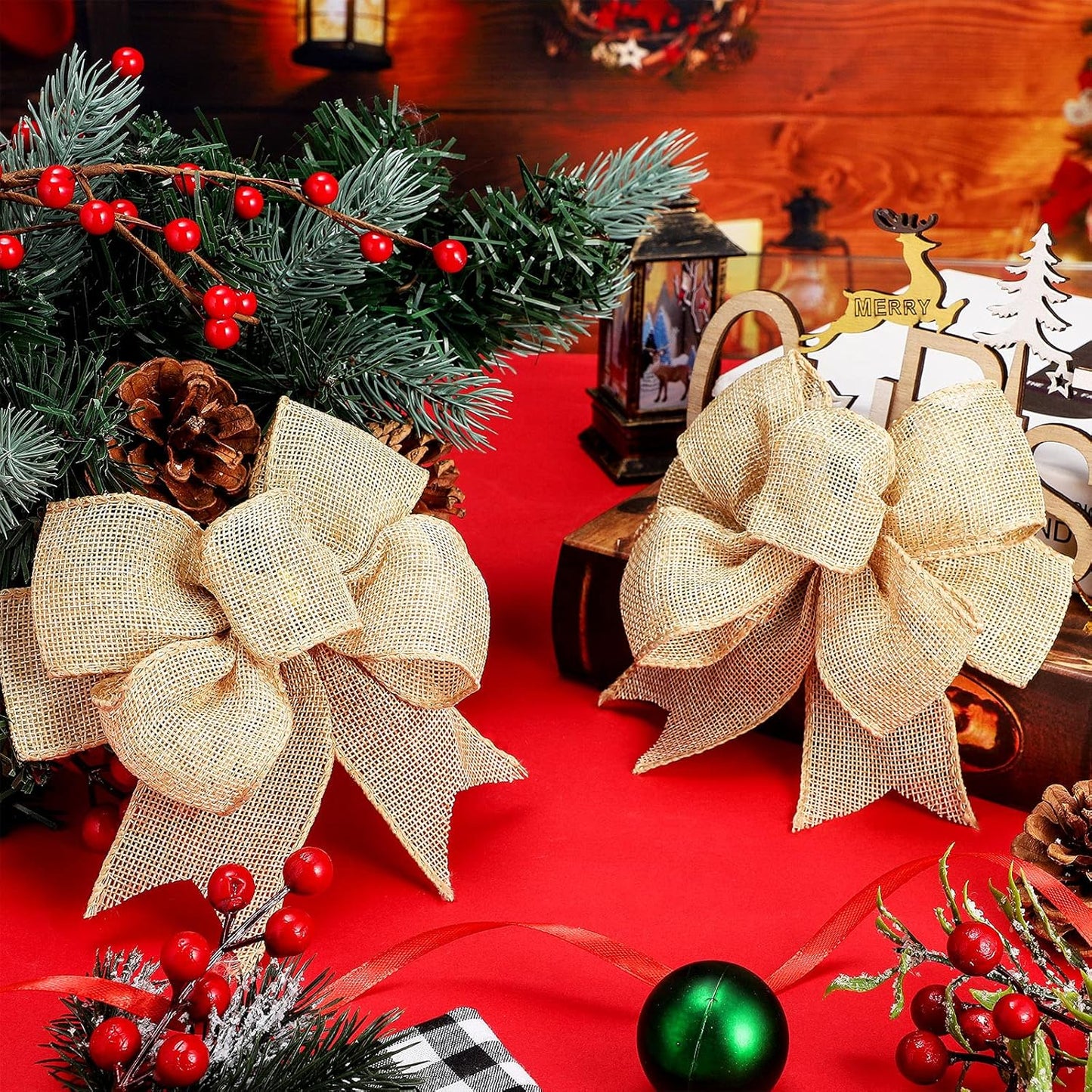 Xinnun Burlap Bows - Rustic Jute Decorations for Holiday Wreaths & Christmas Tree Toppers | 4 Pcs Set