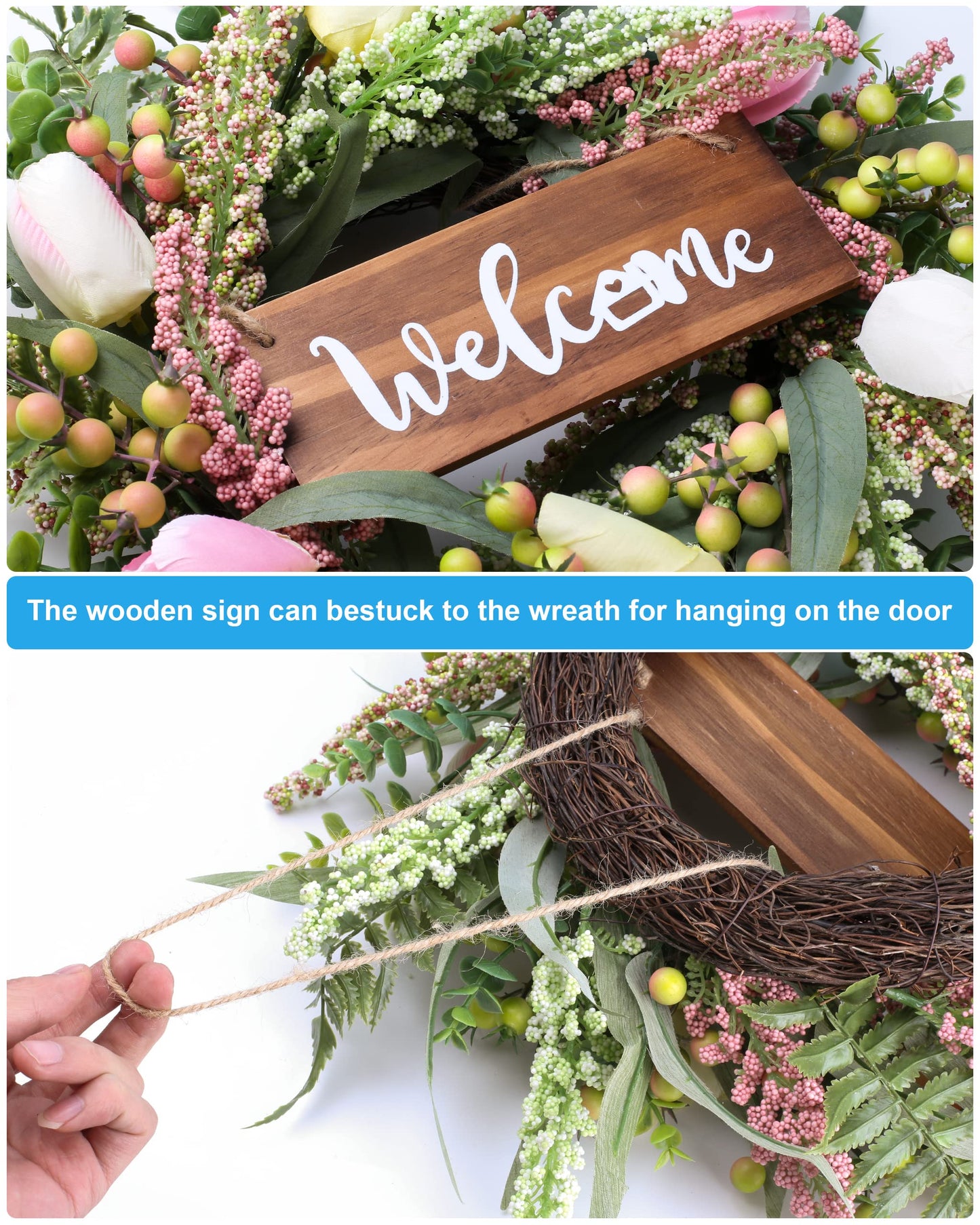 Wreaths for Front Door 20 Inch Spring Summer Tulip Wreath withTulip,Berries,Boxwood and Cattails Welcome Door Wreath, Porch, Window -Green Decor for Home, Farmhouse - Spring, Summer, Fall, All Seasons