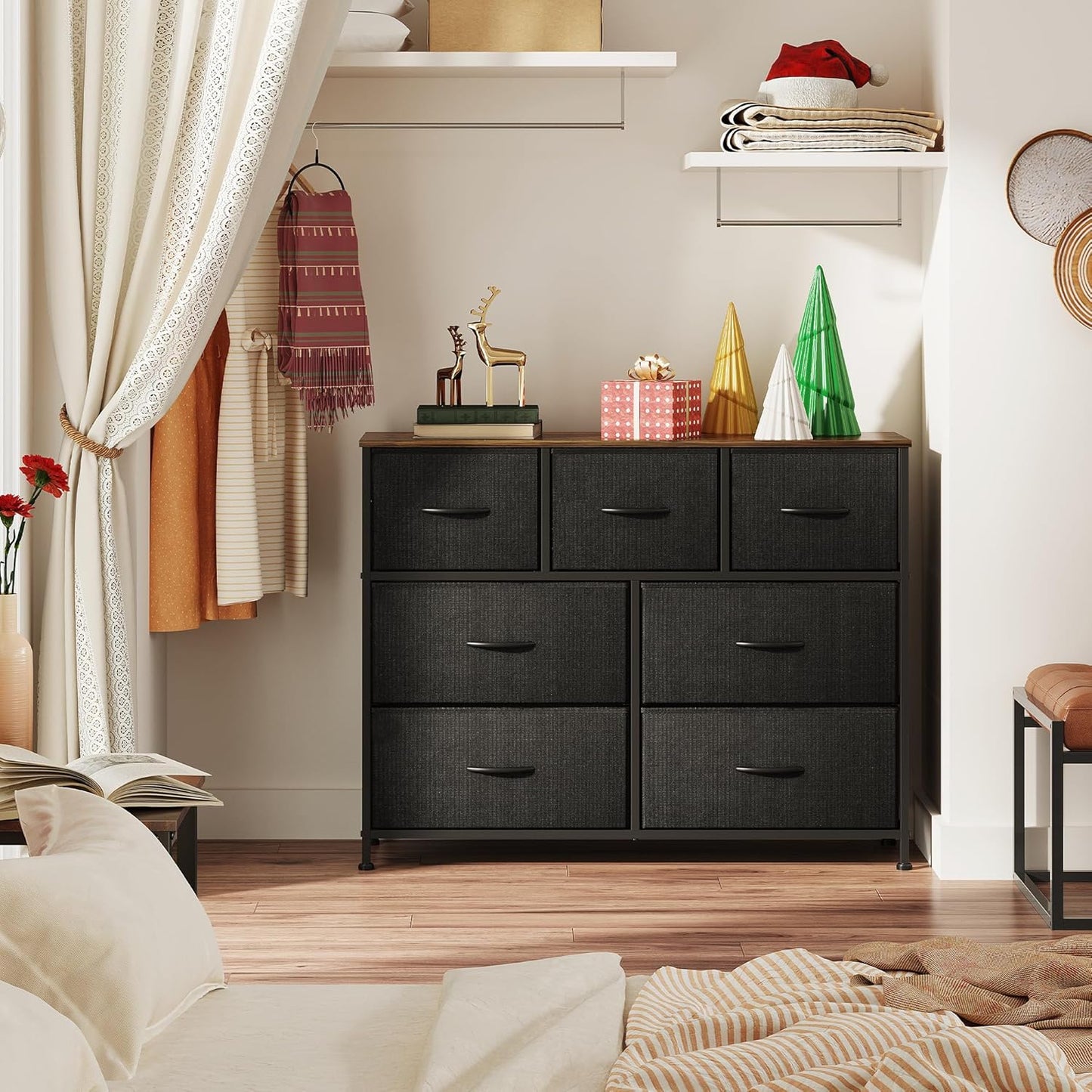 WLIVE 7 Drawer Dresser | Stylish TV Stand & Media Console for TVs Up to 45 Inches | Black & Rustic Brown
